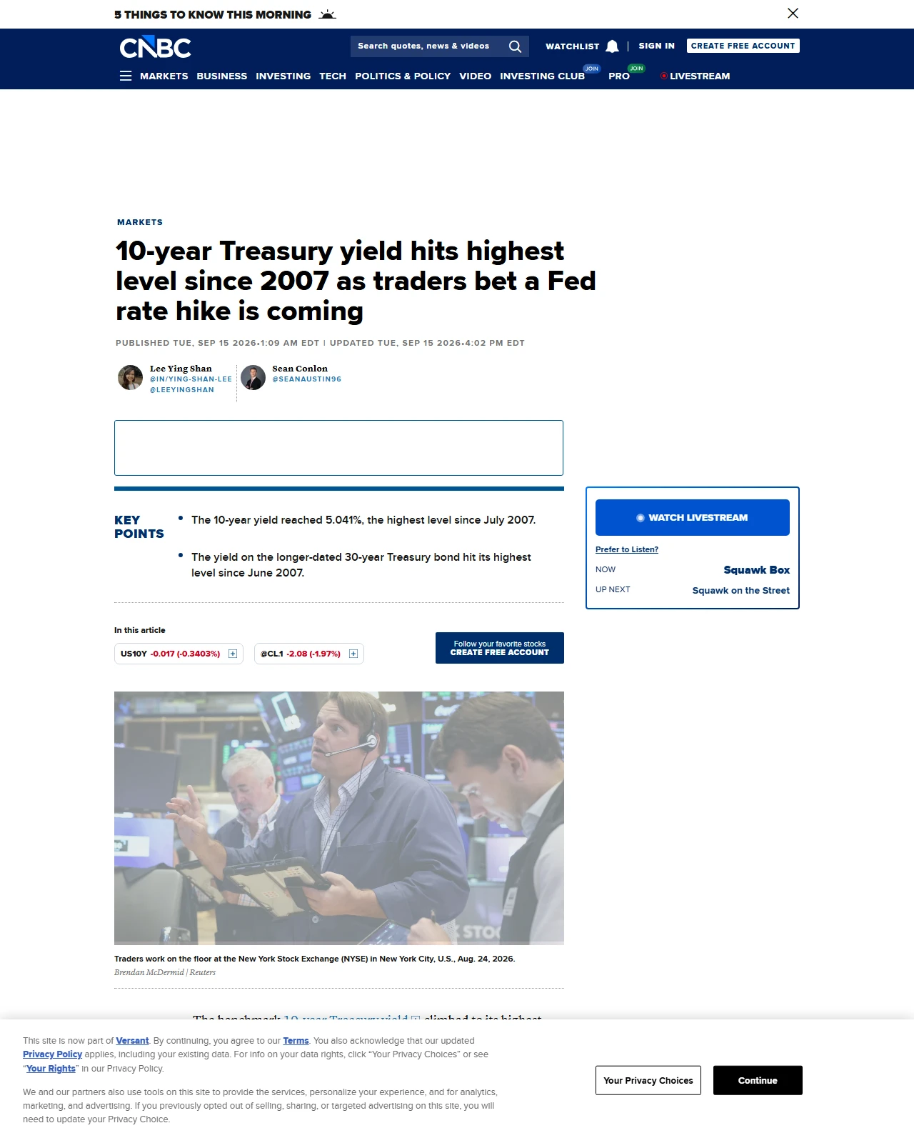 cnbc.com as published: 10-year Treasury yield hits highest level since 2007 as traders bet a Fed rate hike is coming