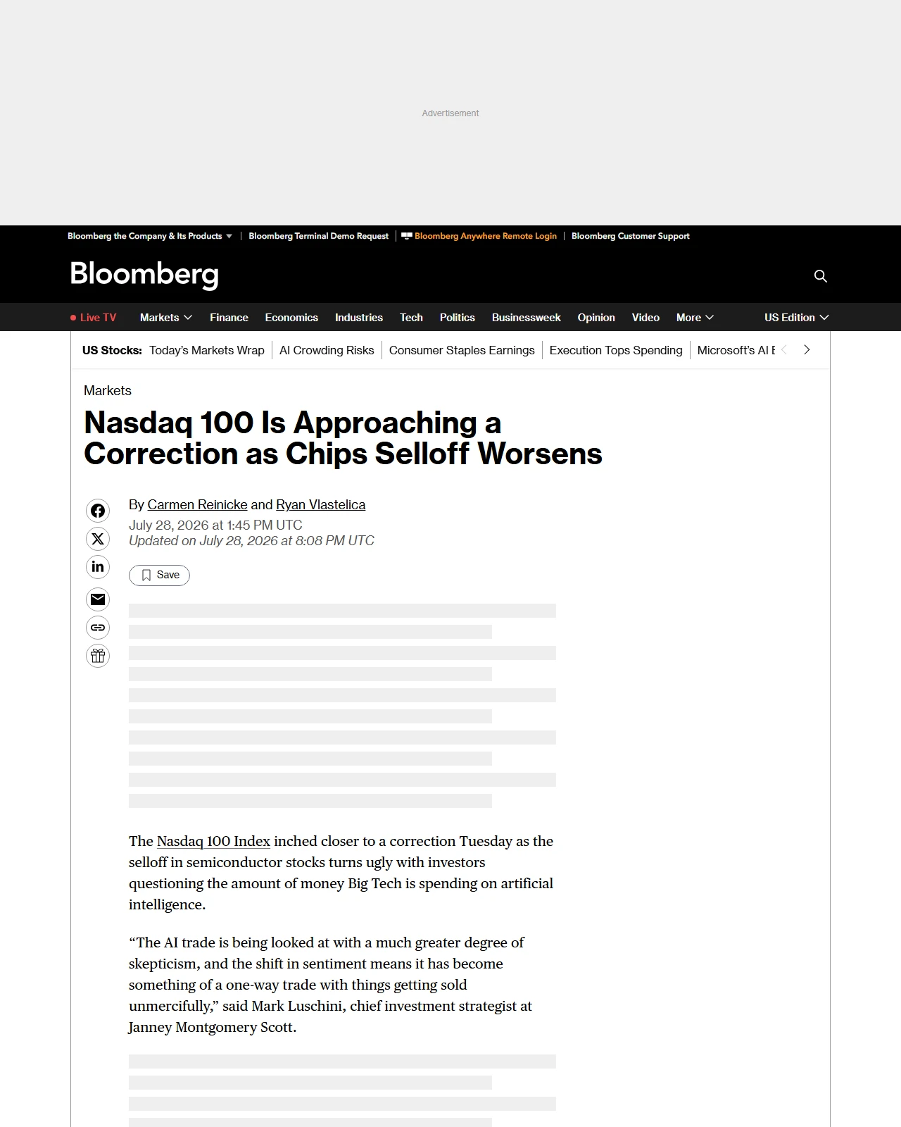 bloomberg.com as published: Nasdaq 100 Heads for Correction as AI Worries Rattle Investors