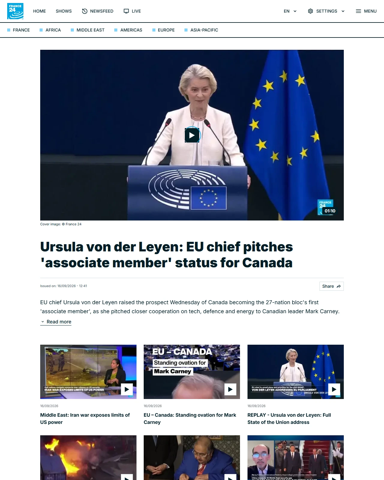 france24.com as published: Ursula von der Leyen: EU chief pitches 'associate member' status for Canada