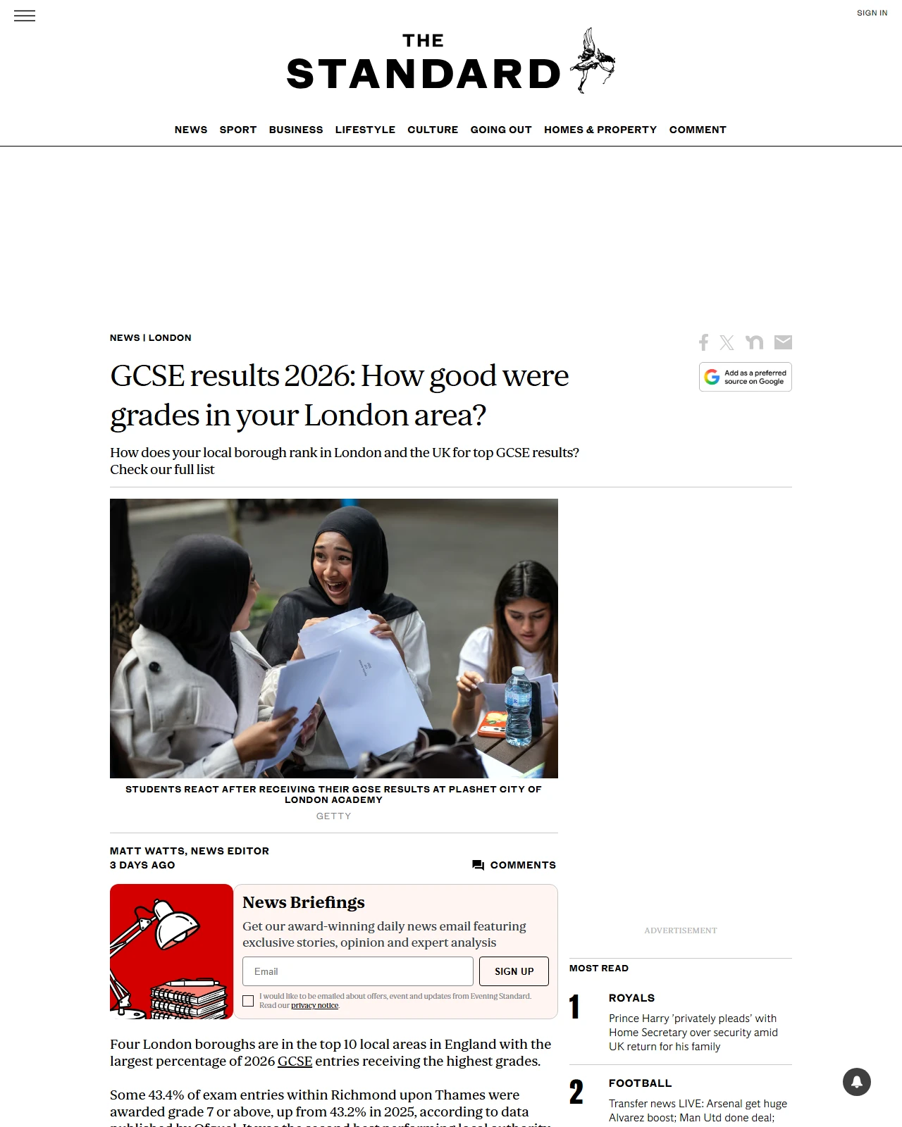 standard.co.uk as published: GCSE results 2026: How good were grades in your London area?