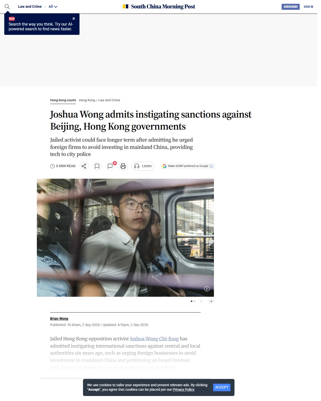 scmp.com as published: Joshua Wong admits instigating sanctions against Beijing, Hong Kong governments