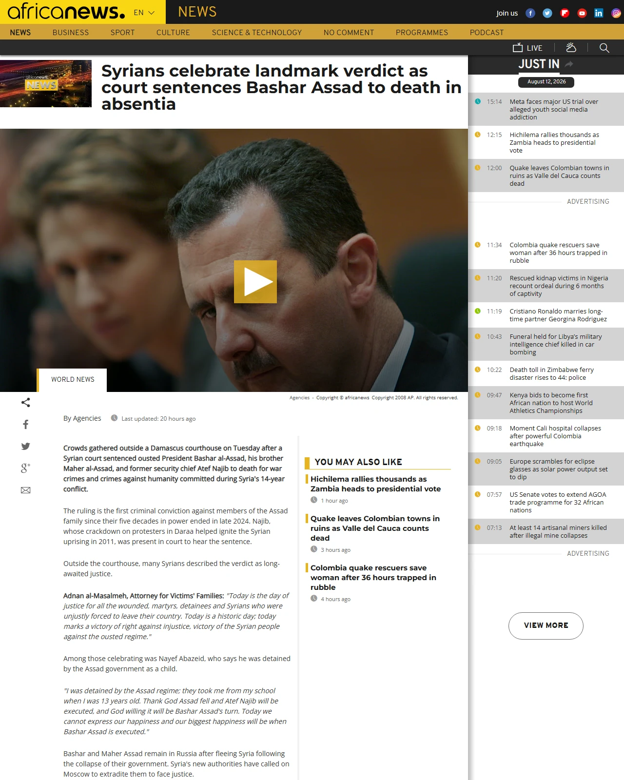 africanews.com as published: Syrians celebrate landmark verdict as court sentences Bashar Assad to death in absentia