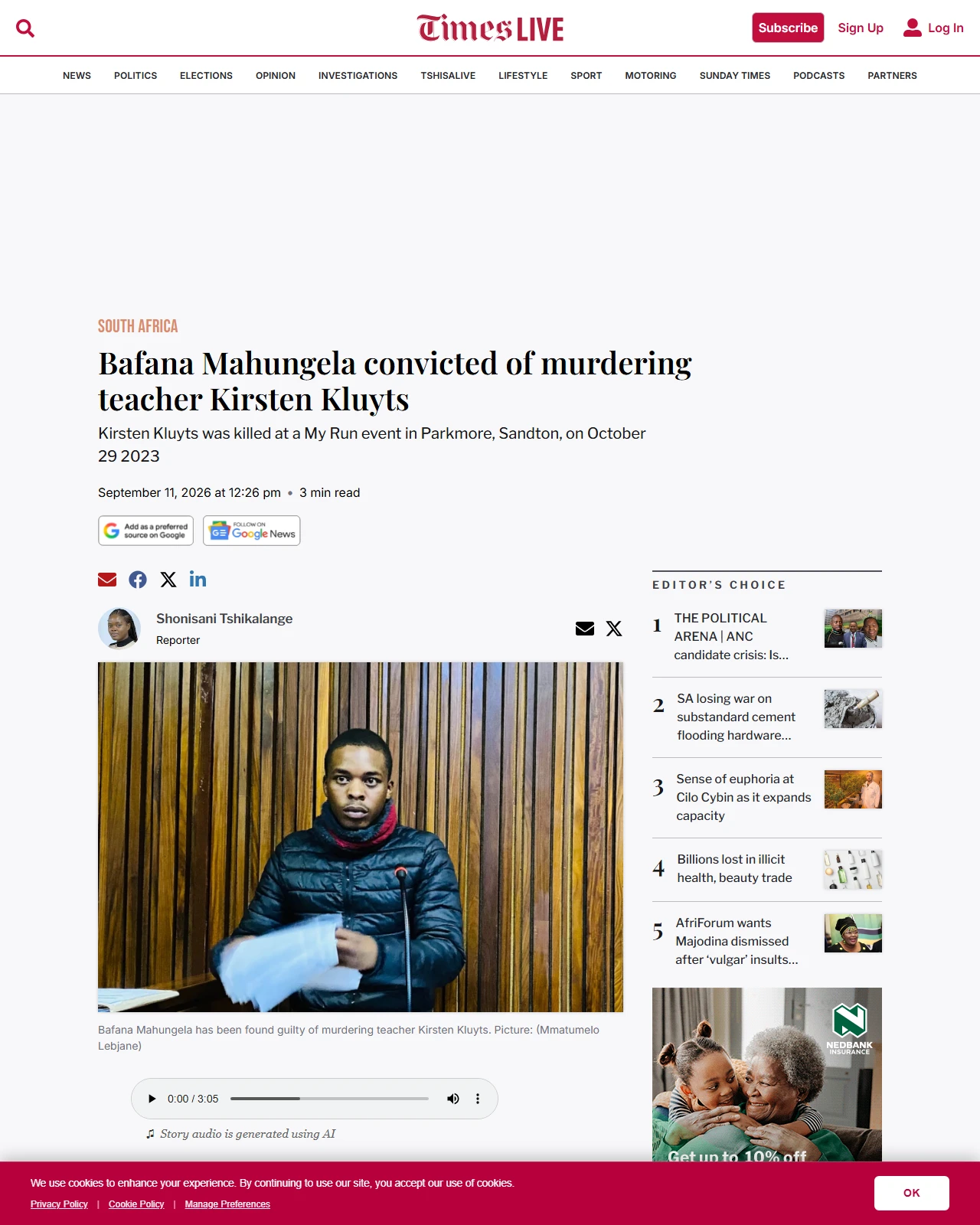 timeslive.co.za as published: Bafana Mahungela convicted of murdering teacher Kirsten Kluyts