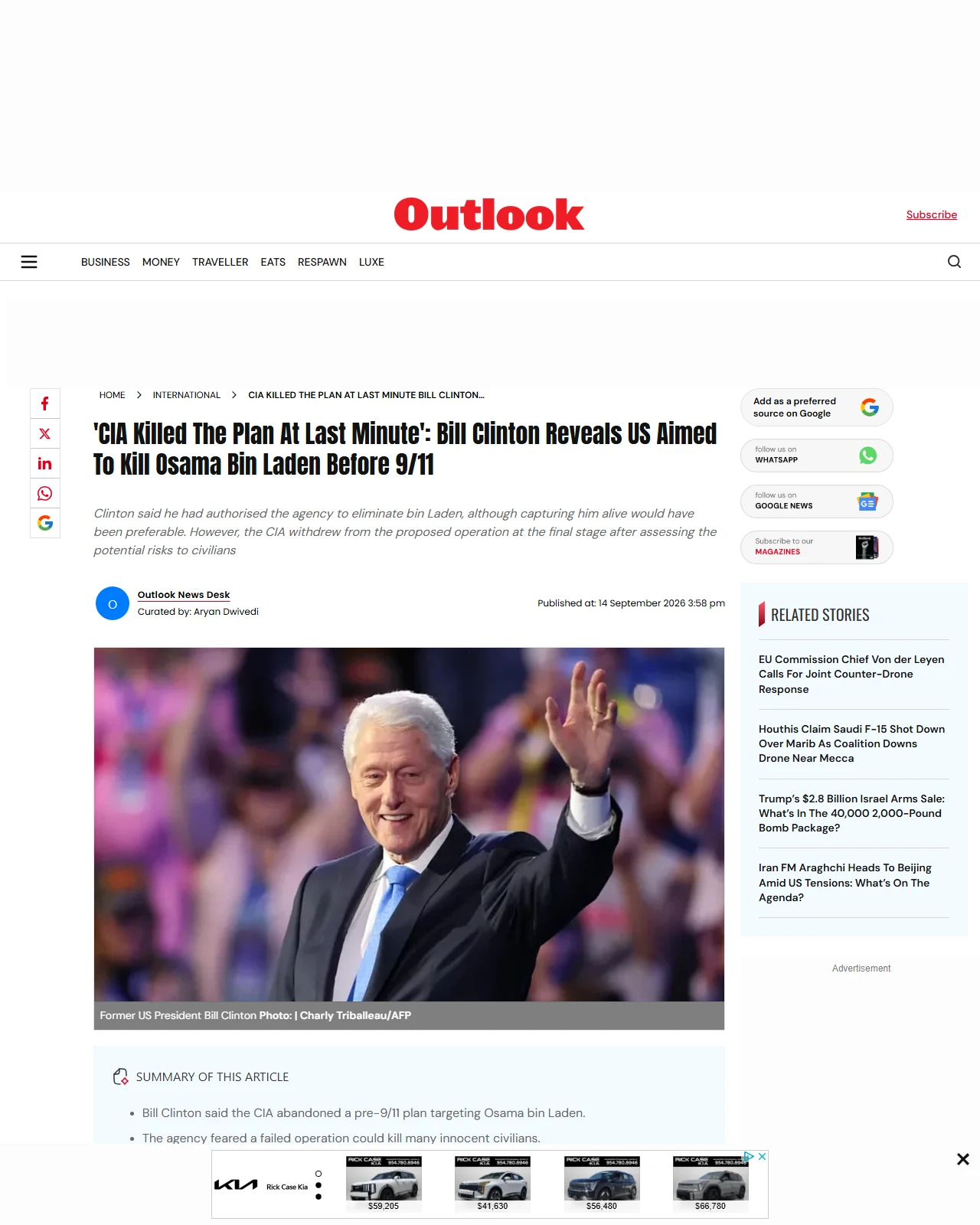 outlookindia.com as published: 'CIA Killed The Plan At Last Minute': Bill Clinton Reveals US Aimed To Kill Osama Bin Laden Before 9/11