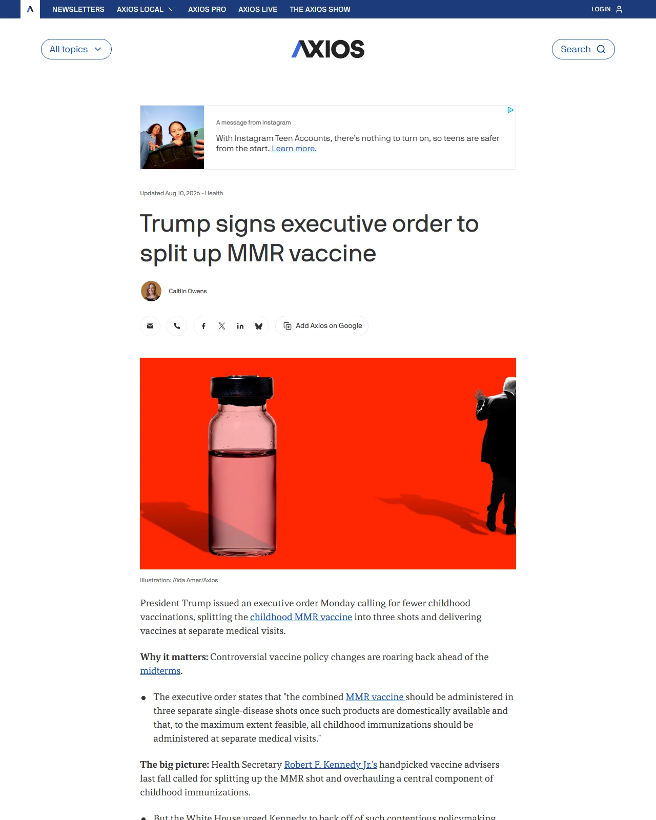 axios.com as published: Trump signs executive order to split up MMR vaccine