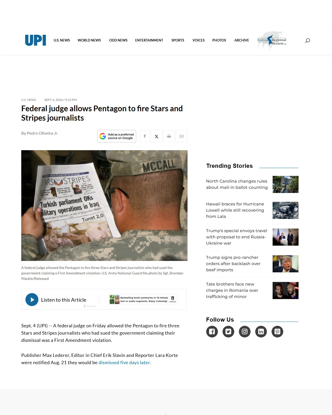 upi.com as published: Federal judge allows Pentagon to fire Stars and Stripes journalists