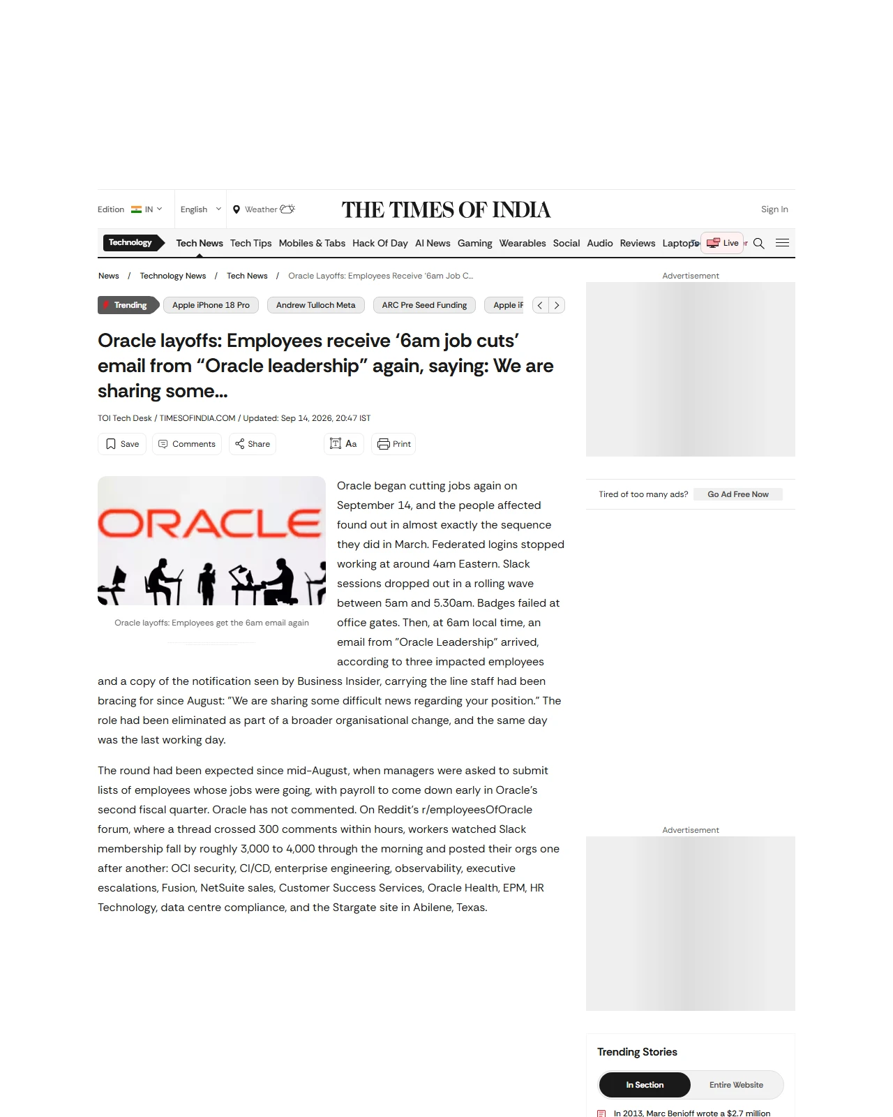 timesofindia.indiatimes.com as published: Oracle layoffs: Employees receive ‘6am job cuts’ email from “Oracle leadership” again, saying: We are sha