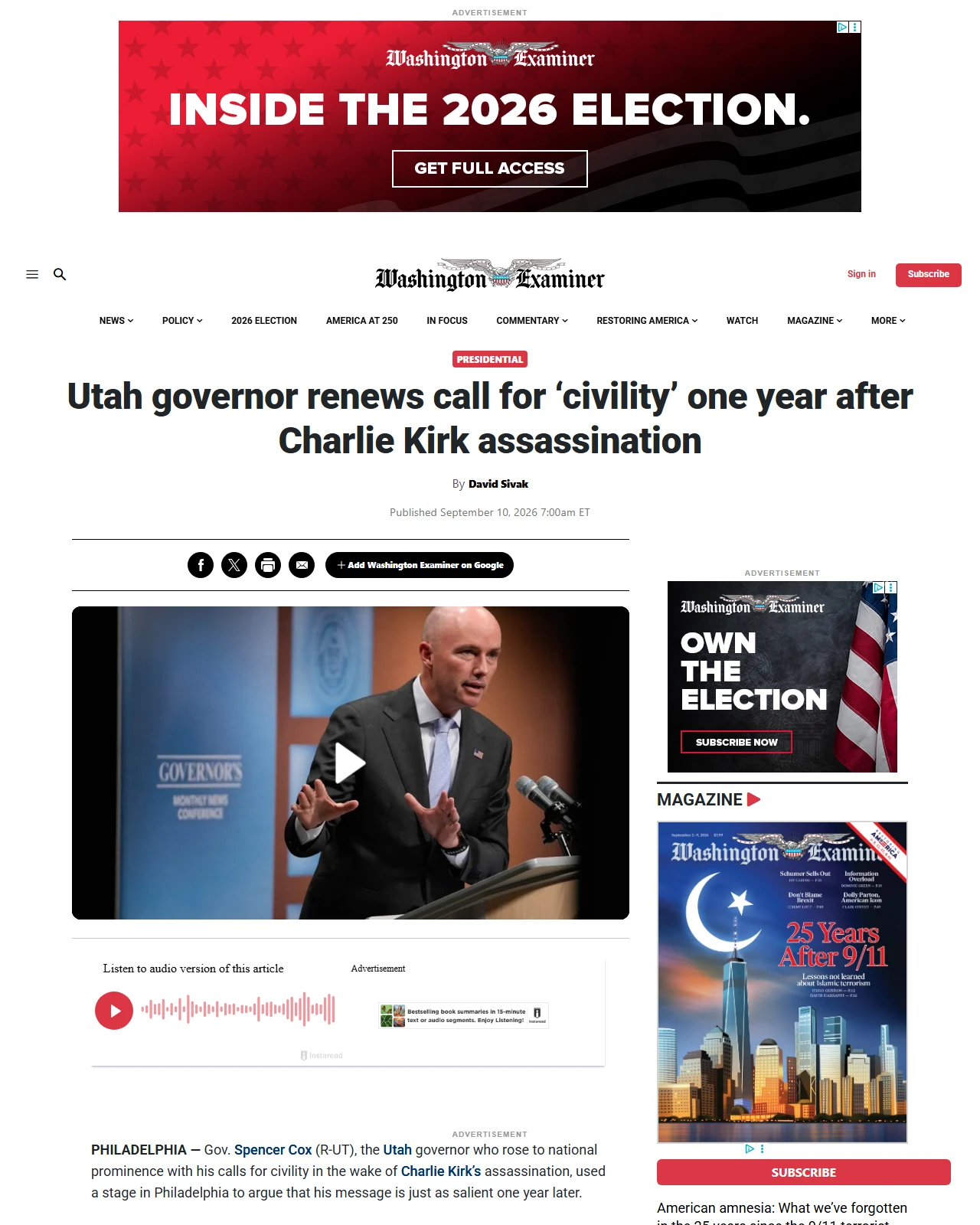 washingtonexaminer.com as published: Utah governor renews call for ‘civility’ one year after Charlie Kirk assassination
