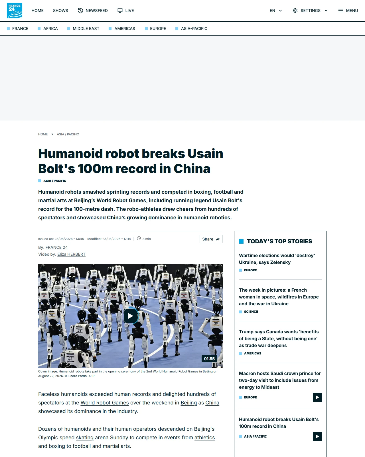 s.france24.com as published: Humanoid robot breaks Usain Bolt's 100m record in China