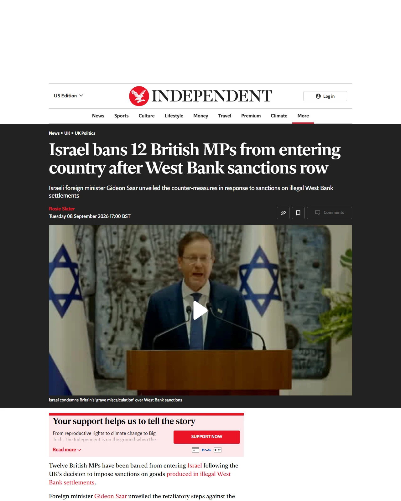 independent.co.uk as published: Israel bans 12 British MPs from entering country after West Bank sanctions row