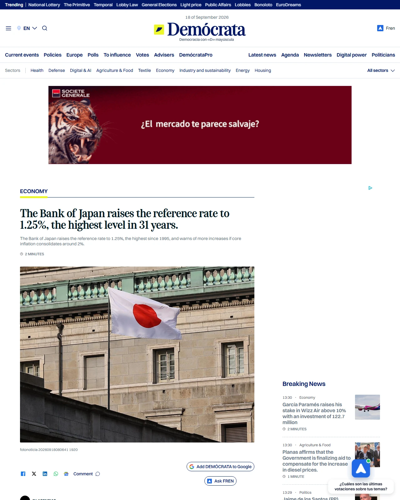 democrata.es as published: The Bank of Japan raises the reference rate to 1.25%, the highest level in 31 years.