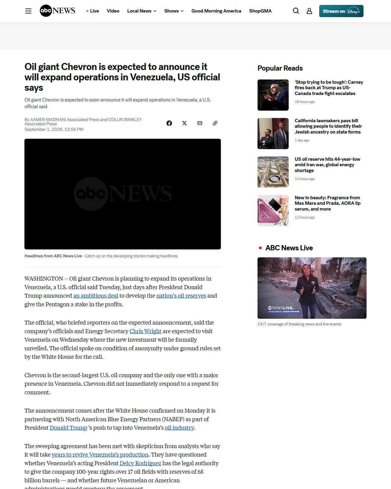 abcnews.com as published: Oil giant Chevron is expected to announce it will expand operations in Venezuela, US official says - ABC News
