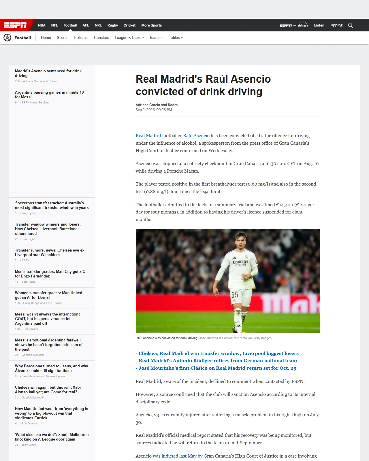 espn.com.au as published: Real Madrid's Raúl Asencio convicted of drink driving