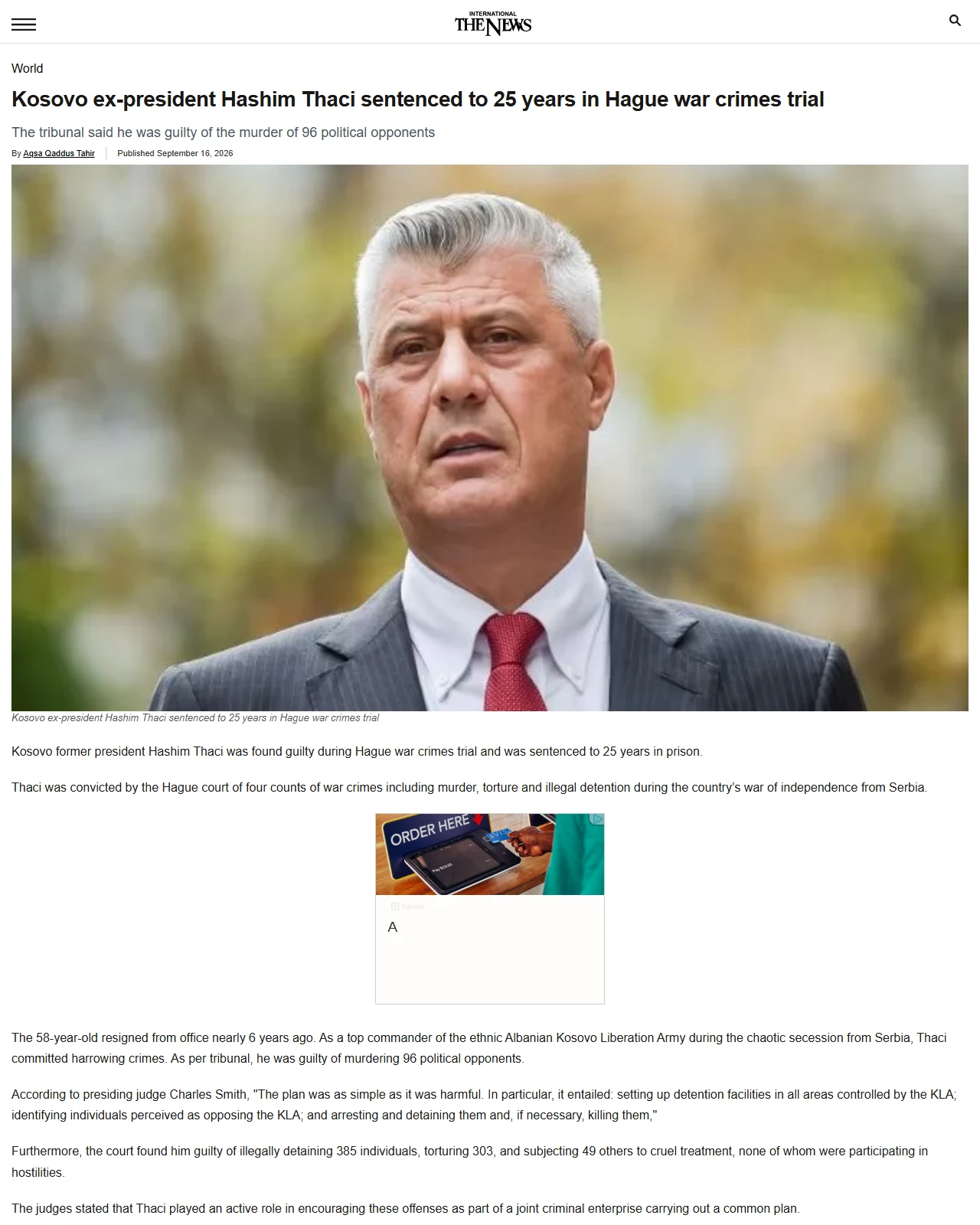 thenews.com.pk as published: Kosovo ex-president Hashim Thaci sentenced to 25 years in Hague war crimes trial