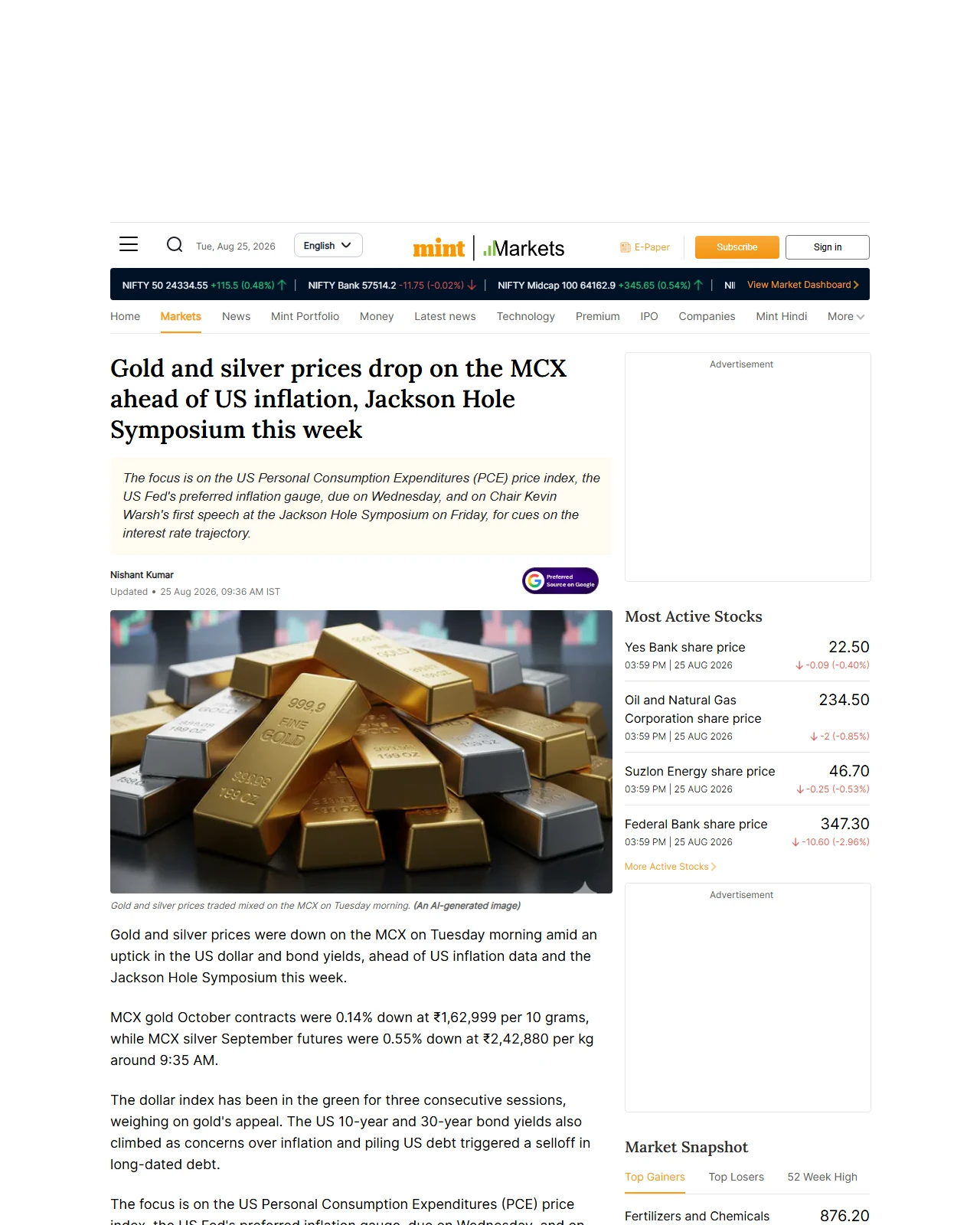 livemint.com as published: Gold and silver prices drop on the MCX ahead of US inflation, Jackson Hole Symposium this week
