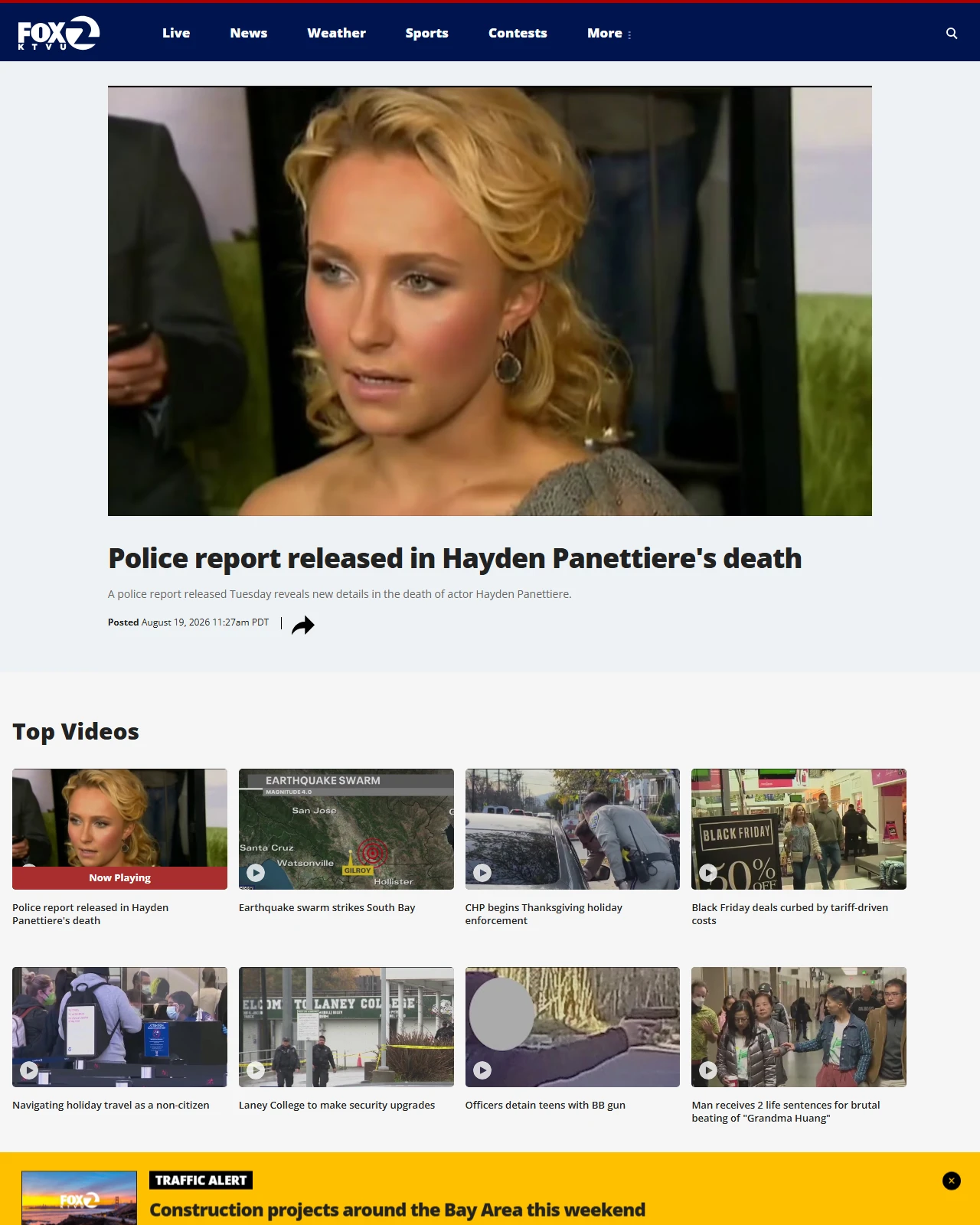 ktvu.com as published: Police report released in Hayden Panettiere's death