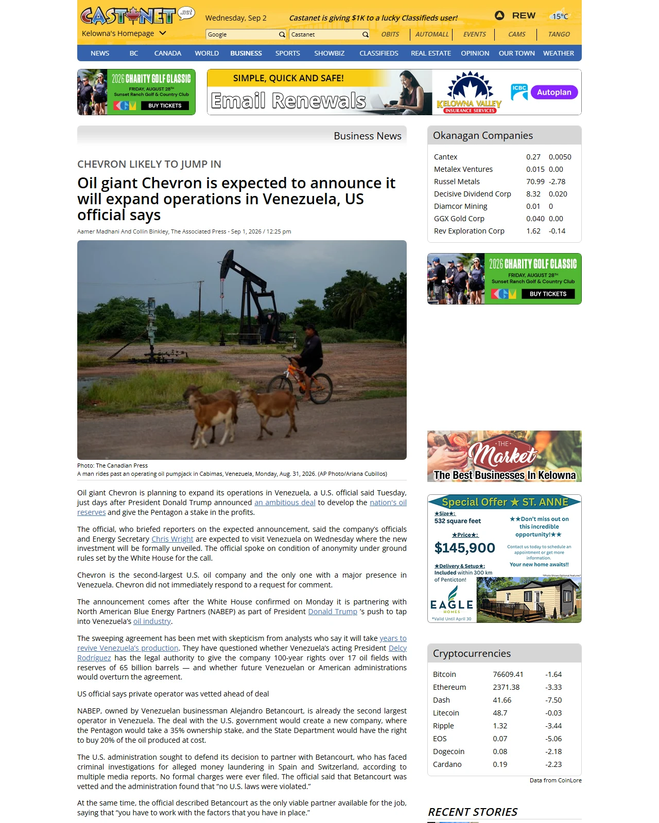 castanet.net as published: Oil giant Chevron is expected to announce it will expand operations in Venezuela, US official says