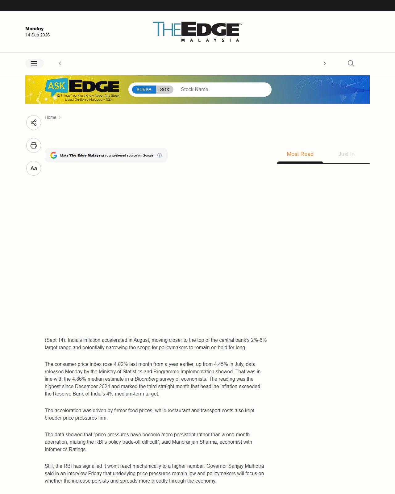 theedgemalaysia.com as published: India August inflation accelerates, narrowing RBI pause room