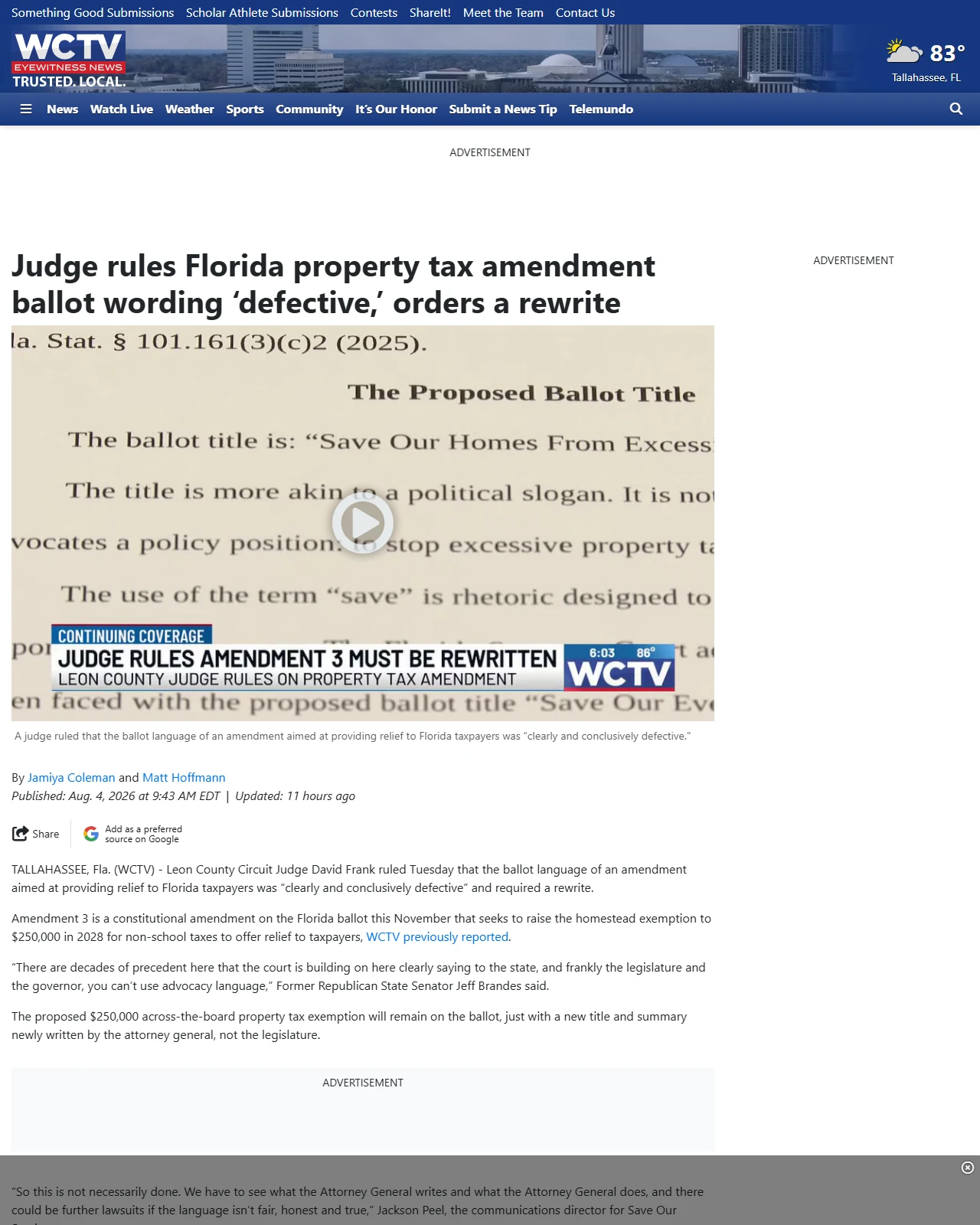 wctv.tv as published: Judge rules Florida property tax amendment ballot wording ‘defective,’ orders a rewrite