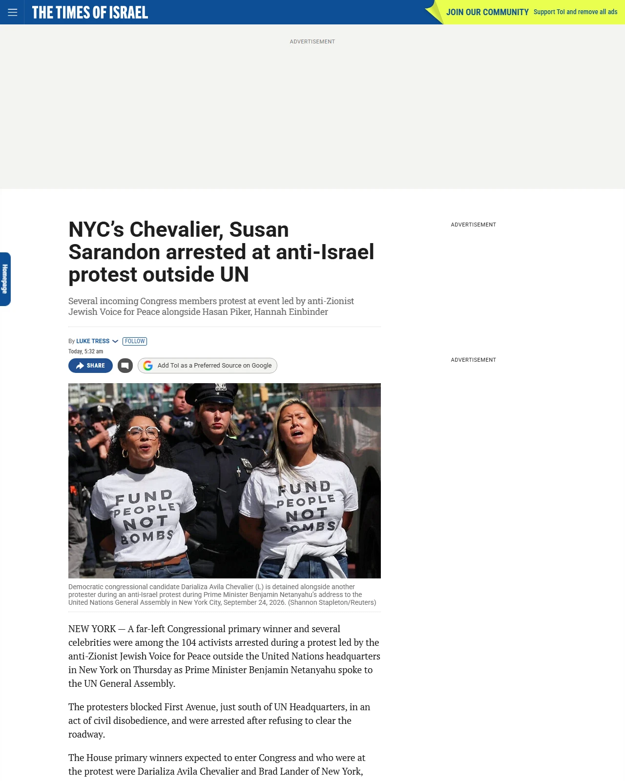 timesofisrael.com as published: NYC’s Chevalier, Susan Sarandon arrested at anti-Israel protest outside UN