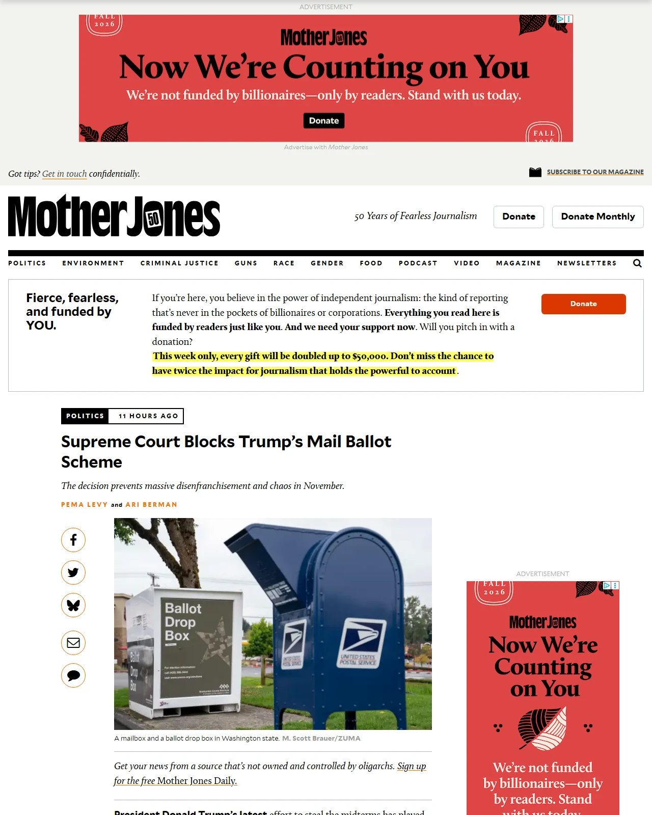 motherjones.com as published: Supreme Court Blocks Trump’s Mail Ballot Scheme