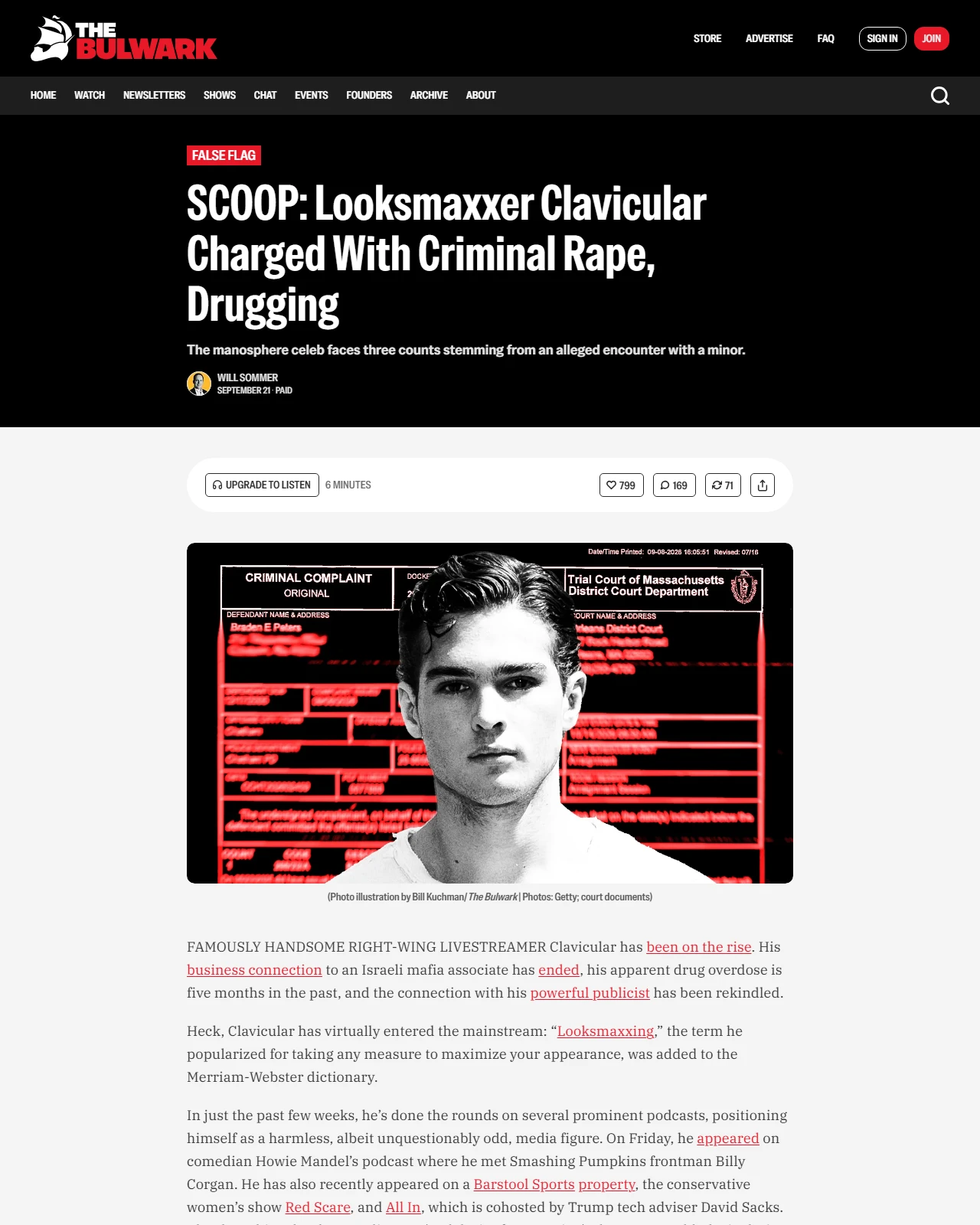 thebulwark.com as published: SCOOP: Looksmaxxer Clavicular Charged With Criminal Rape, Drugging
