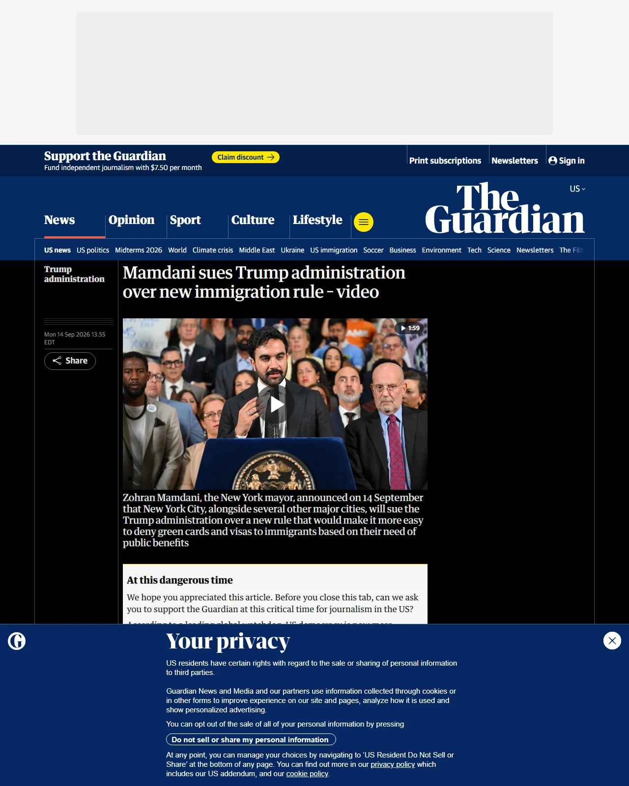 theguardian.com as published: Mamdani sues Trump administration over new immigration rule – video