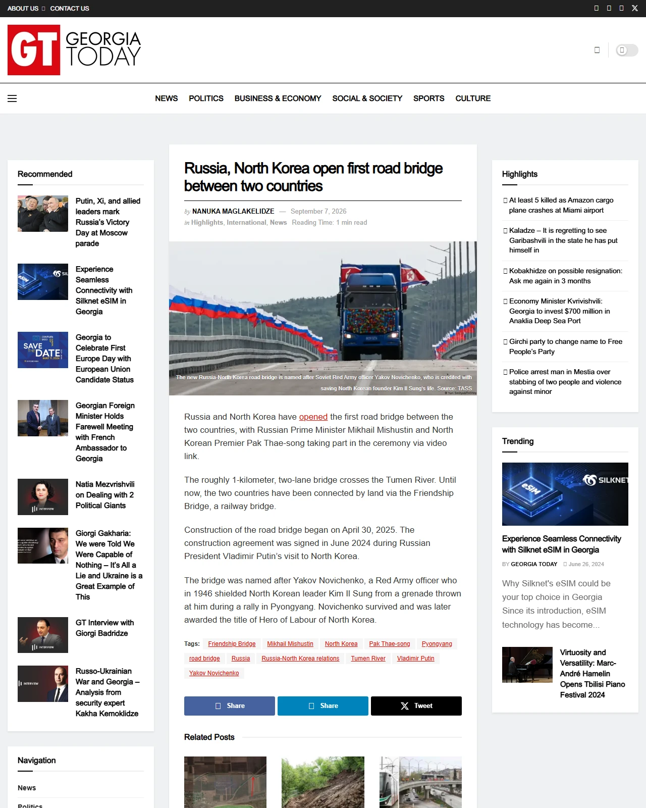 georgiatoday.ge as published: Russia, North Korea open first road bridge between two countries