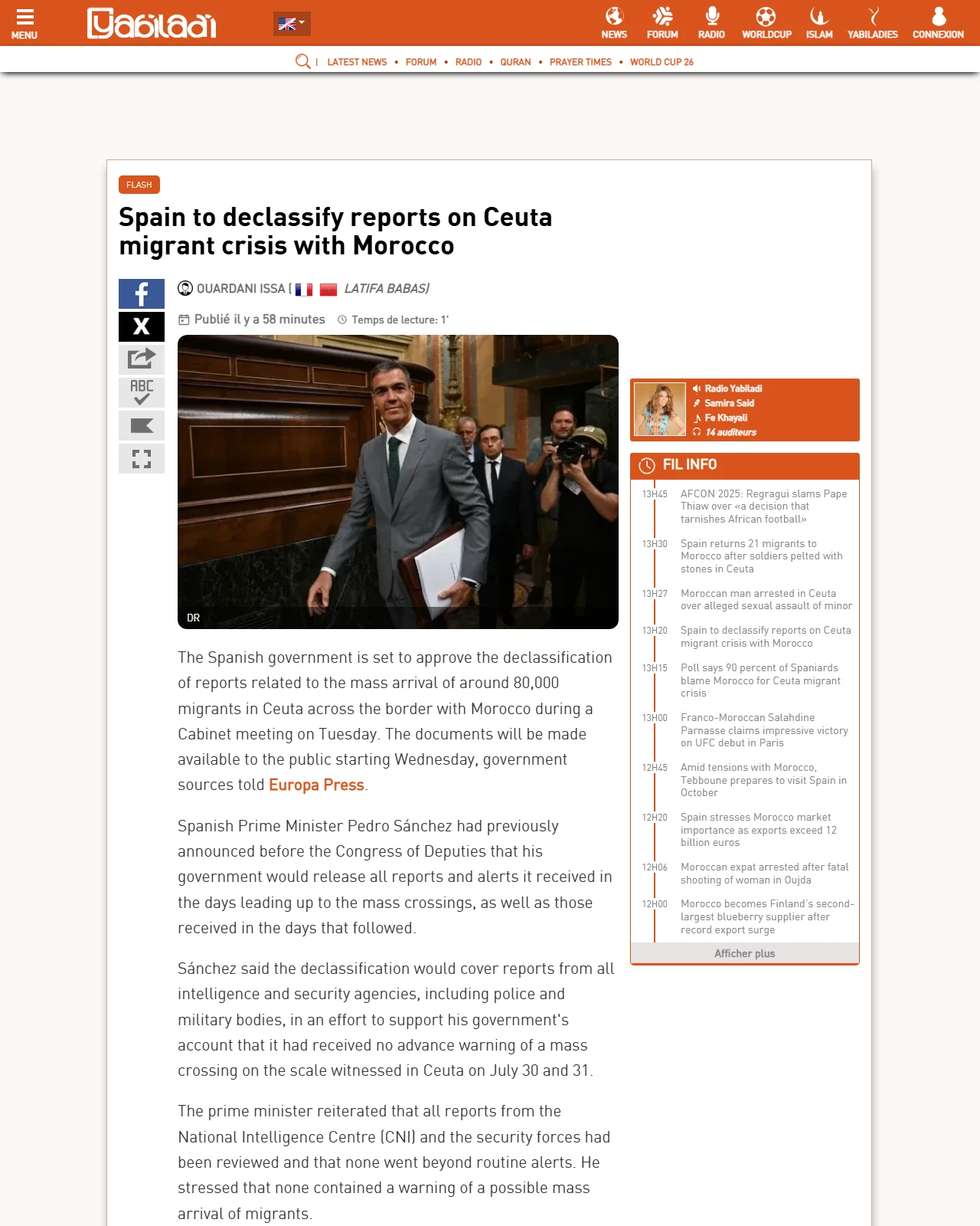 ar.yabiladi.com as published: Spain to declassify reports on Ceuta migrant crisis with Morocco