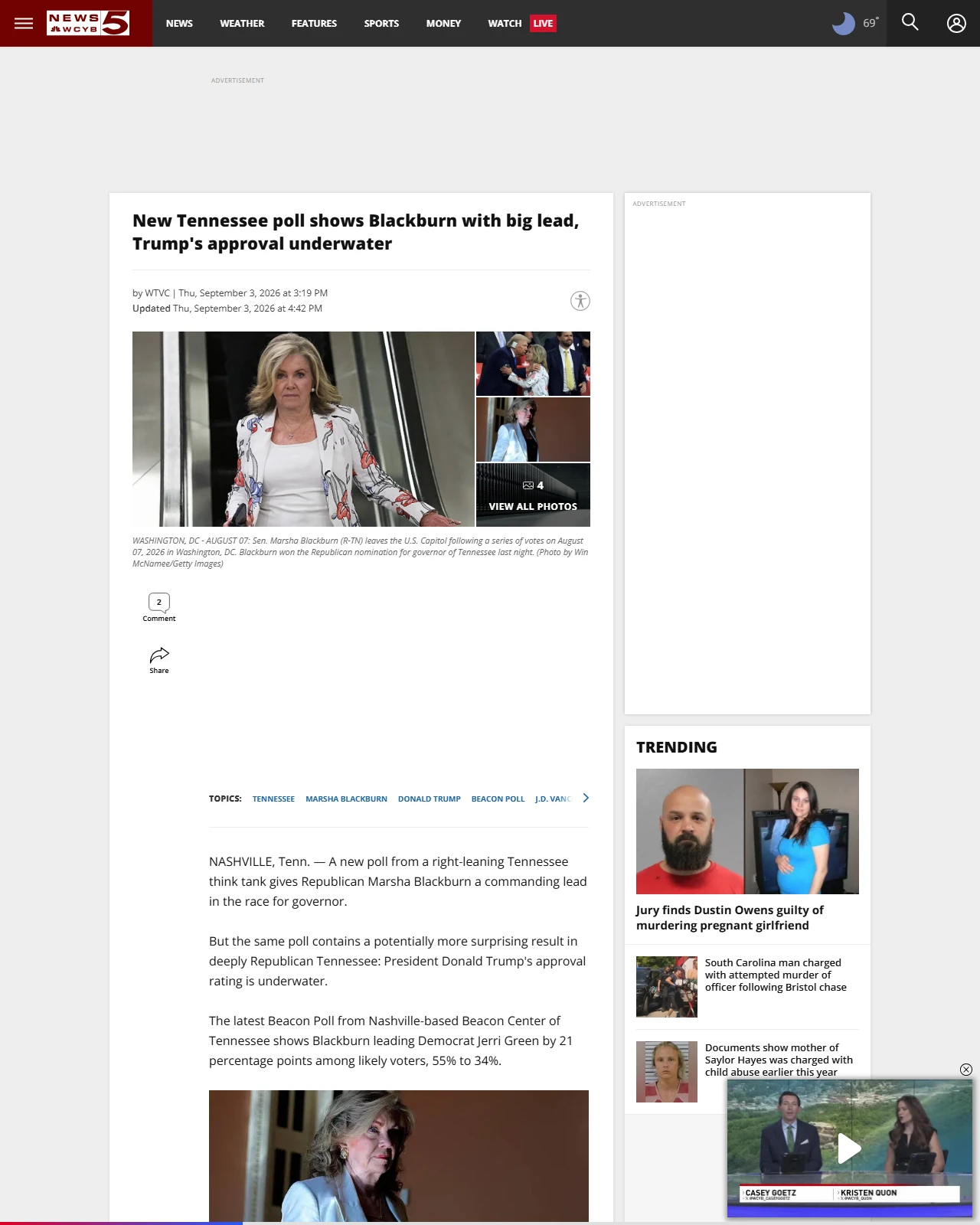 wcyb.com as published: New Tennessee poll shows Blackburn with big lead, Trump's approval underwater