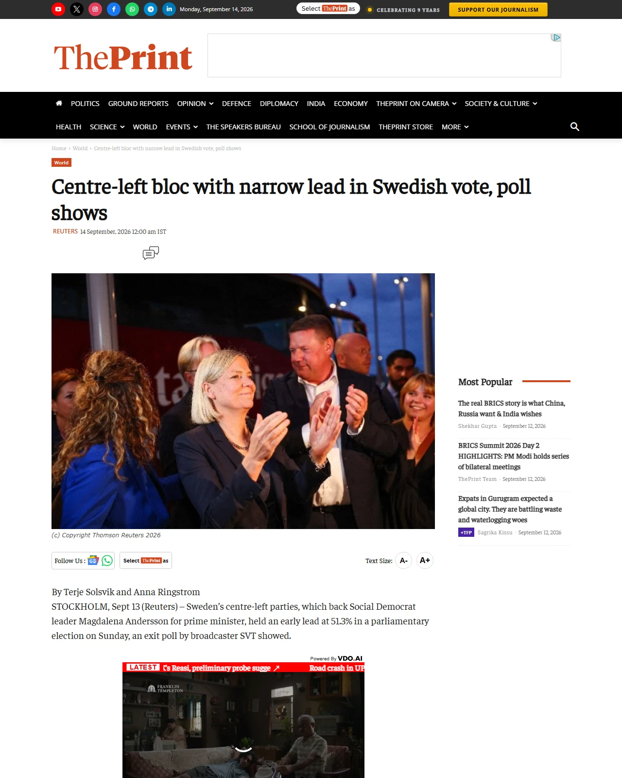theprint.in as published: Centre-left bloc with narrow lead in Swedish vote, poll shows