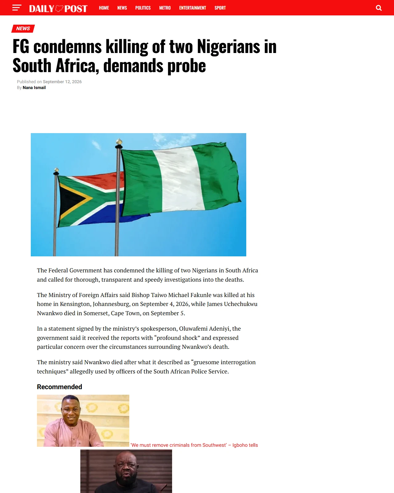 dailypost.ng as published: FG condemns killing of two Nigerians in South Africa, demands probe