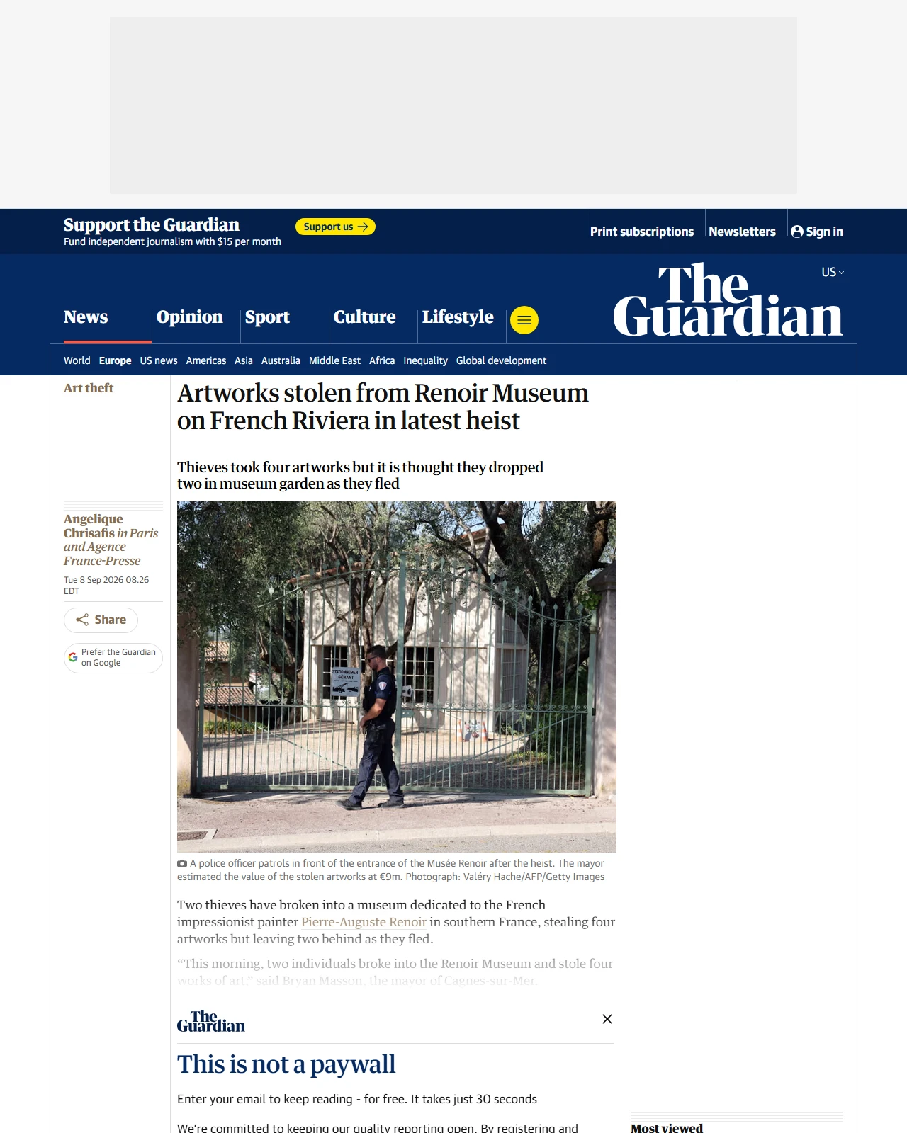 theguardian.com as published: Artworks stolen from Renoir Museum on French Riviera in latest heist
