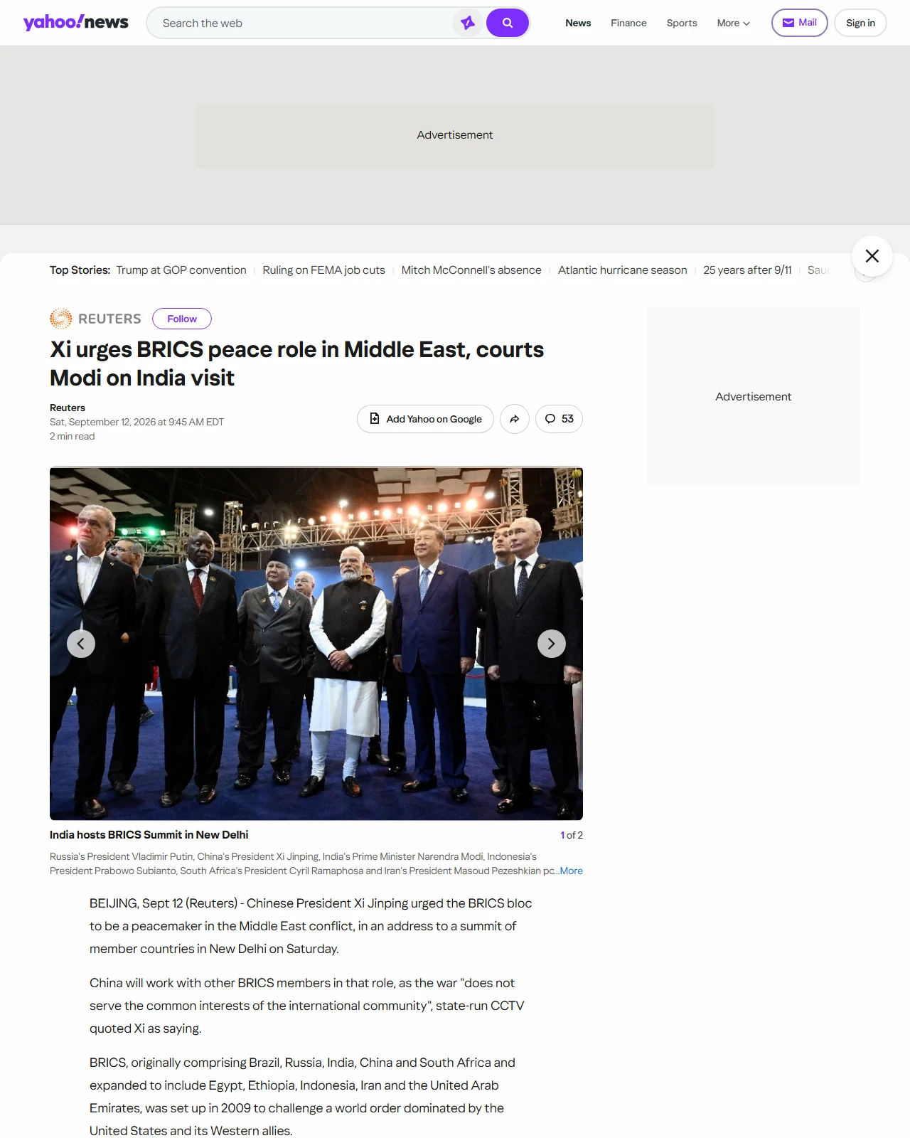 yahoo.com as published: Xi urges BRICS peace role in Middle East, courts Modi on India visit