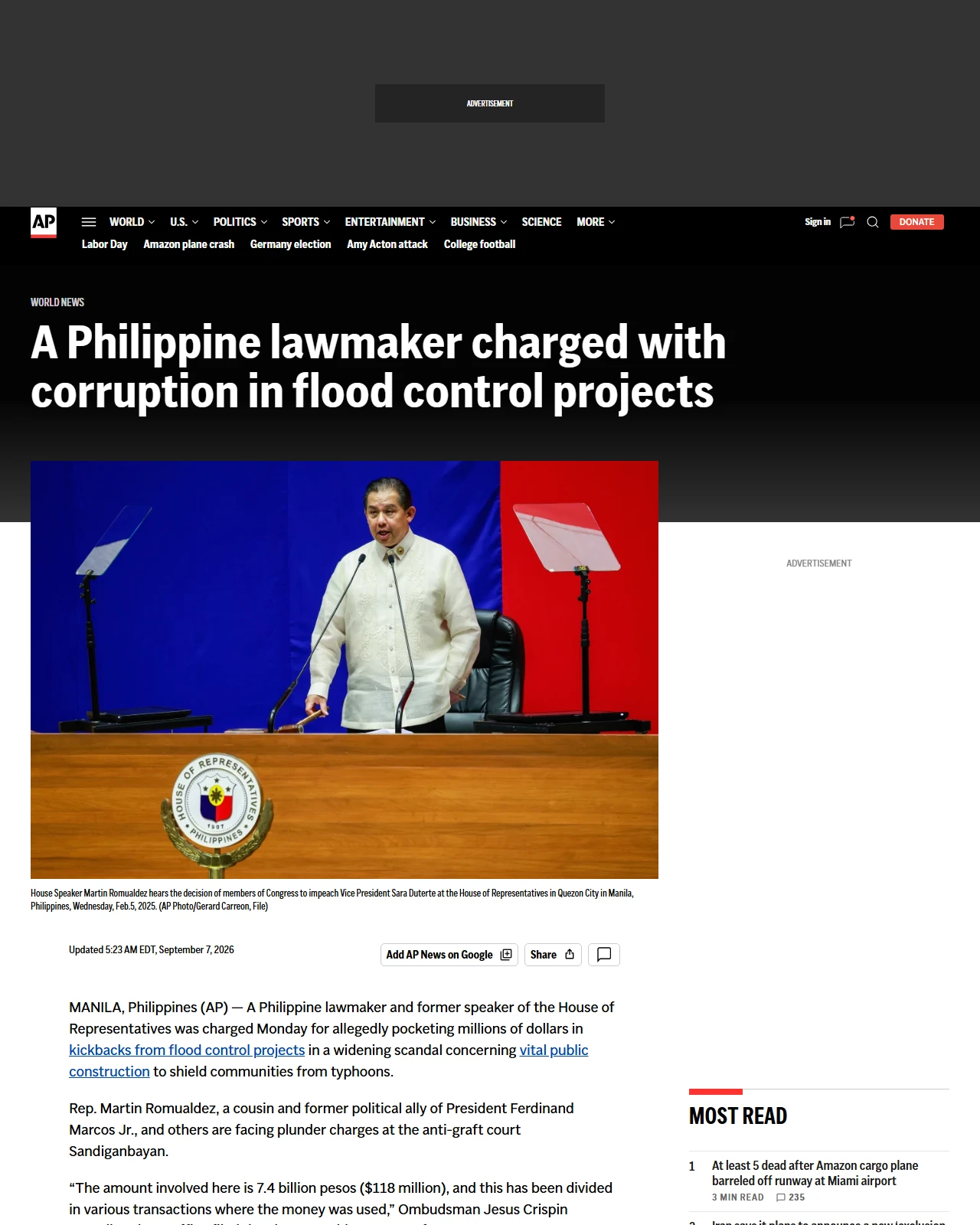 apnews.com as published: A Philippine lawmaker charged with corruption in flood control projects