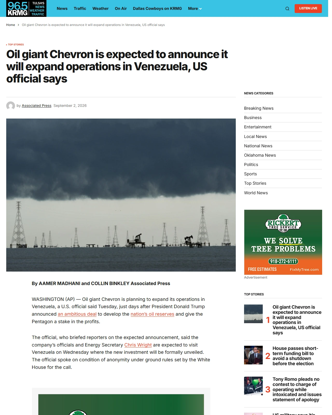 krmg.com as published: Oil giant Chevron is expected to announce it will expand operations in Venezuela, US official says