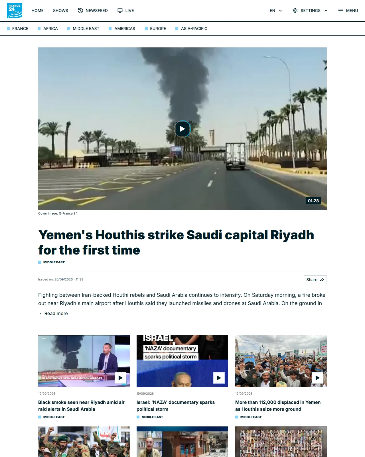 france24.com as published: Yemen's Houthis strike Saudi capital Riyadh for the first time