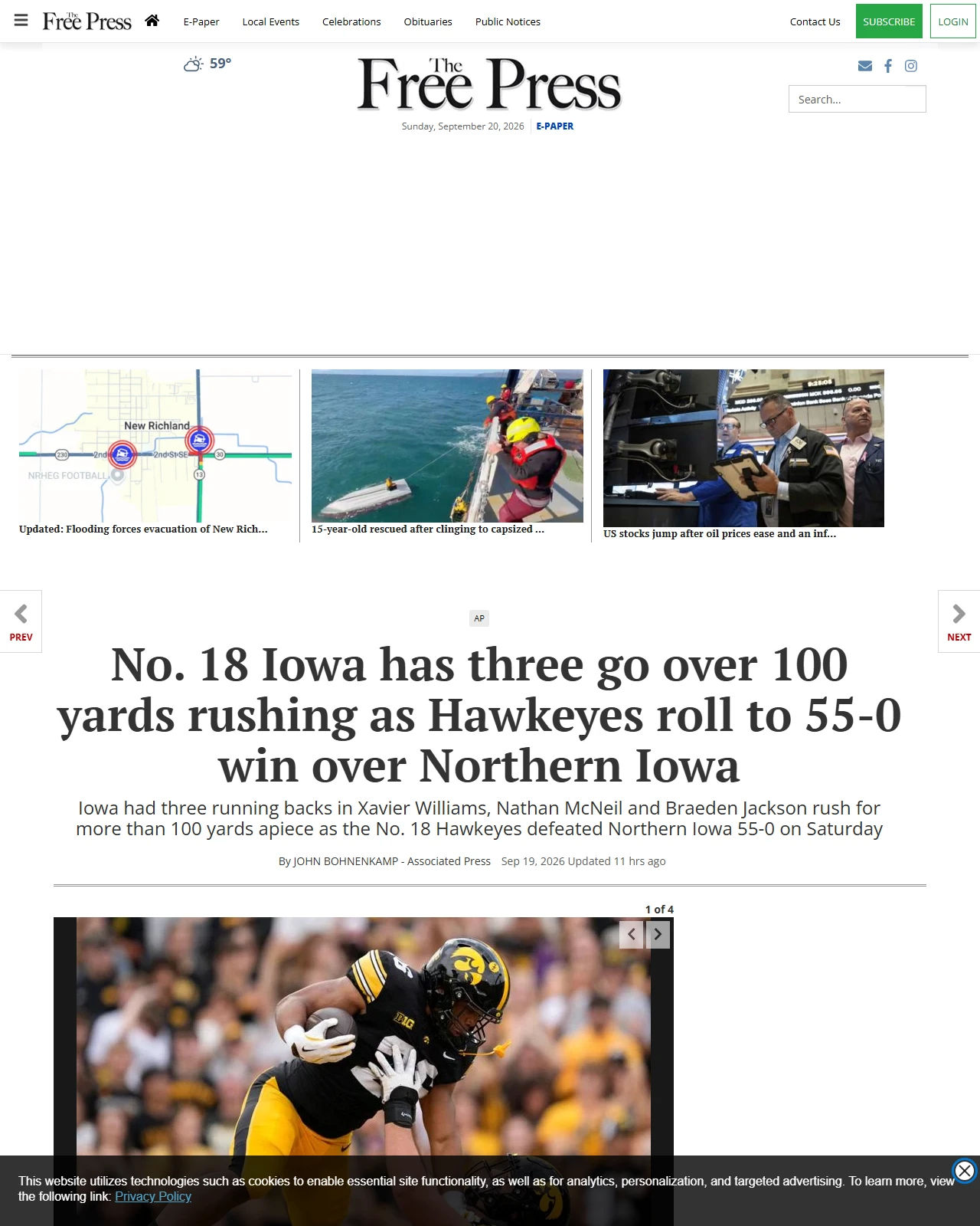 mankatofreepress.com as published: No. 18 Iowa has three go over 100 yards rushing as Hawkeyes roll to 55-0 win over Northern Iowa