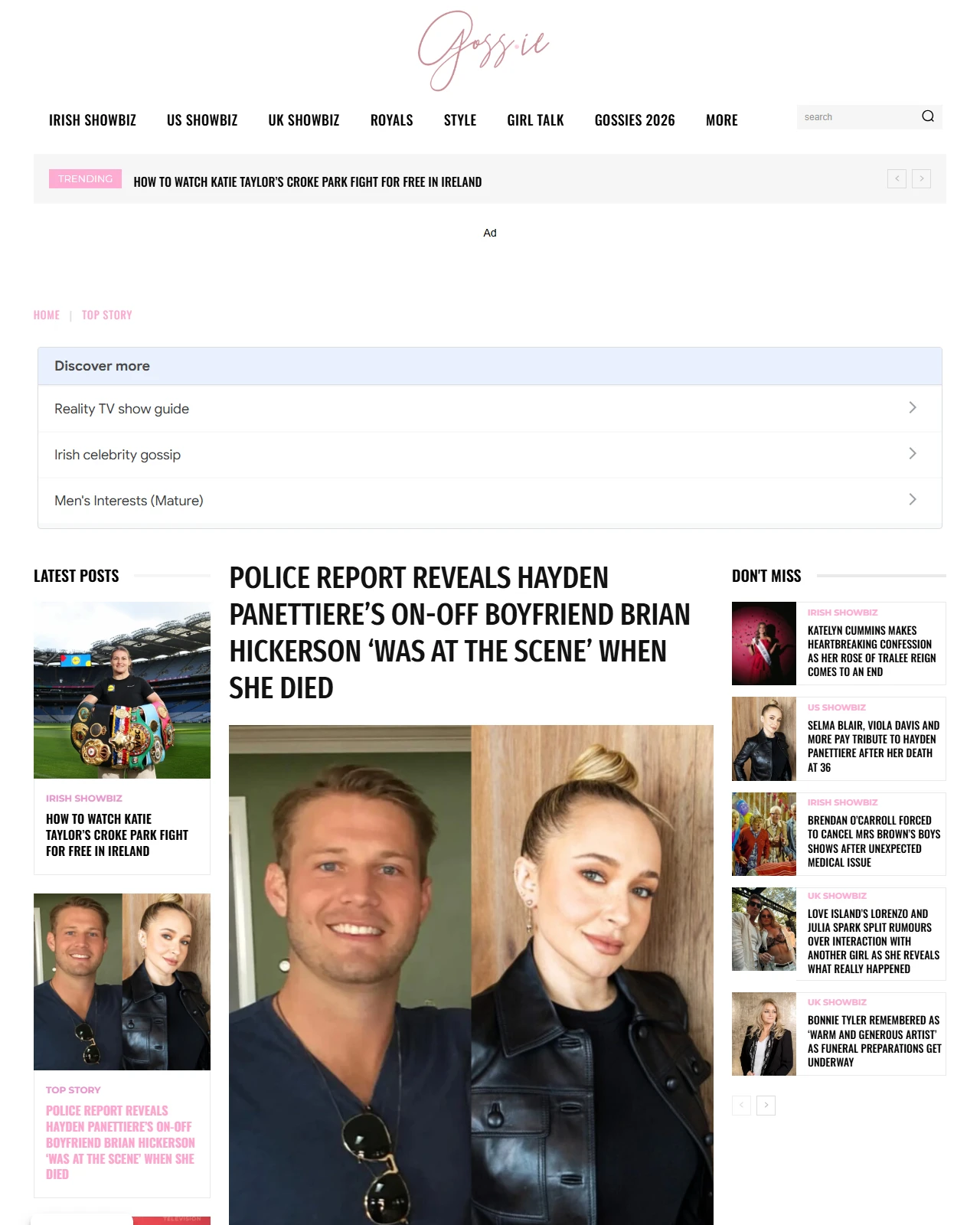 goss.ie as published: Police report reveals Hayden Panettiere’s on-off boyfriend Brian Hickerson ‘was at the scene’ when she died