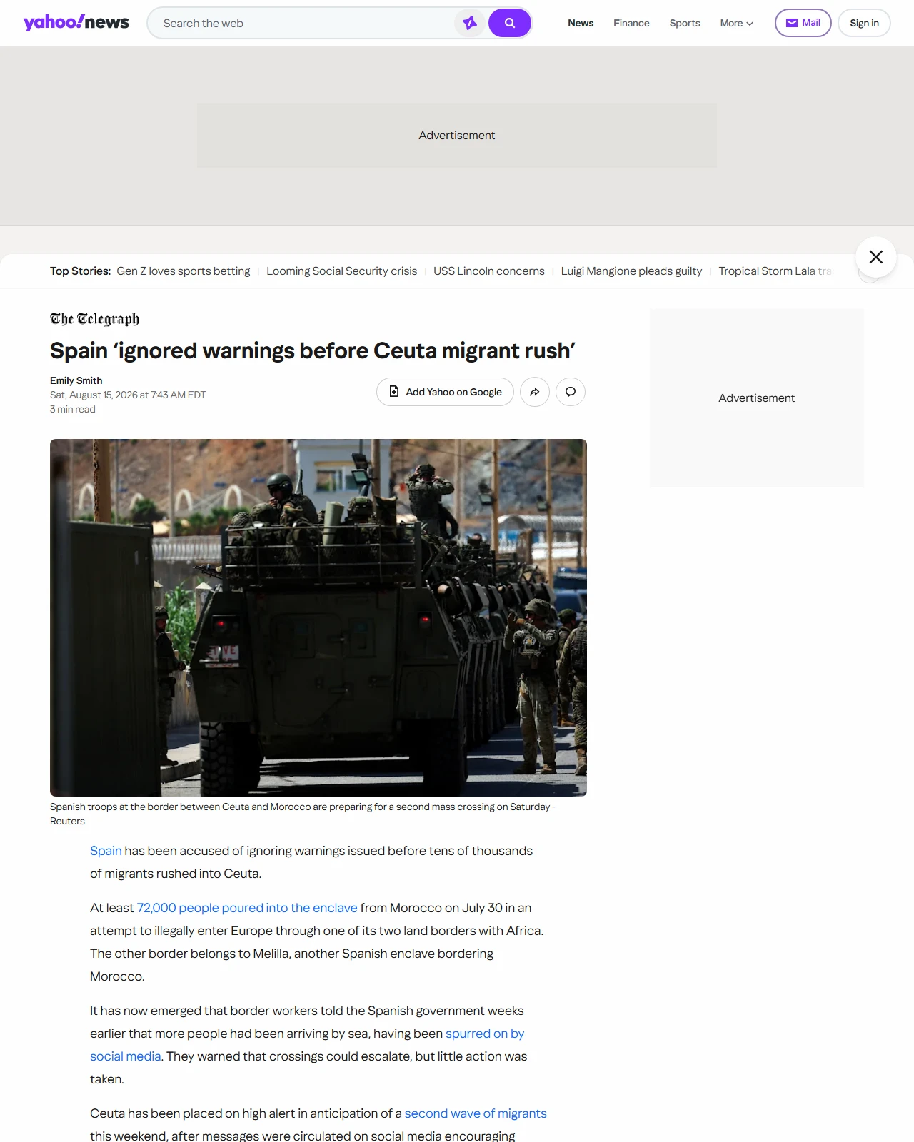yahoo.com as published: Spain ‘ignored warnings before Ceuta migrant rush’