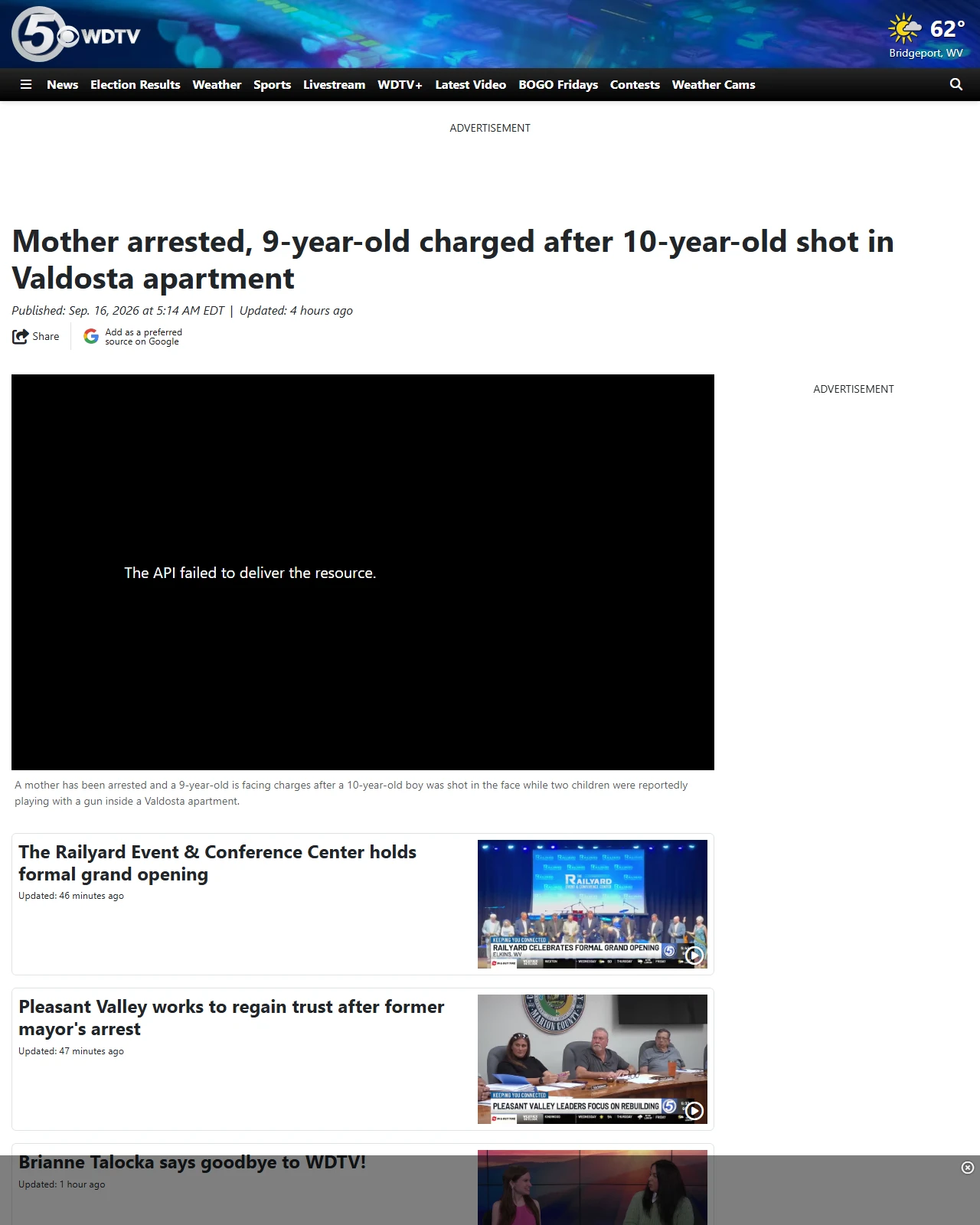 wdtv.com as published: Mother arrested, 9-year-old charged after 10-year-old shot in Valdosta apartment
