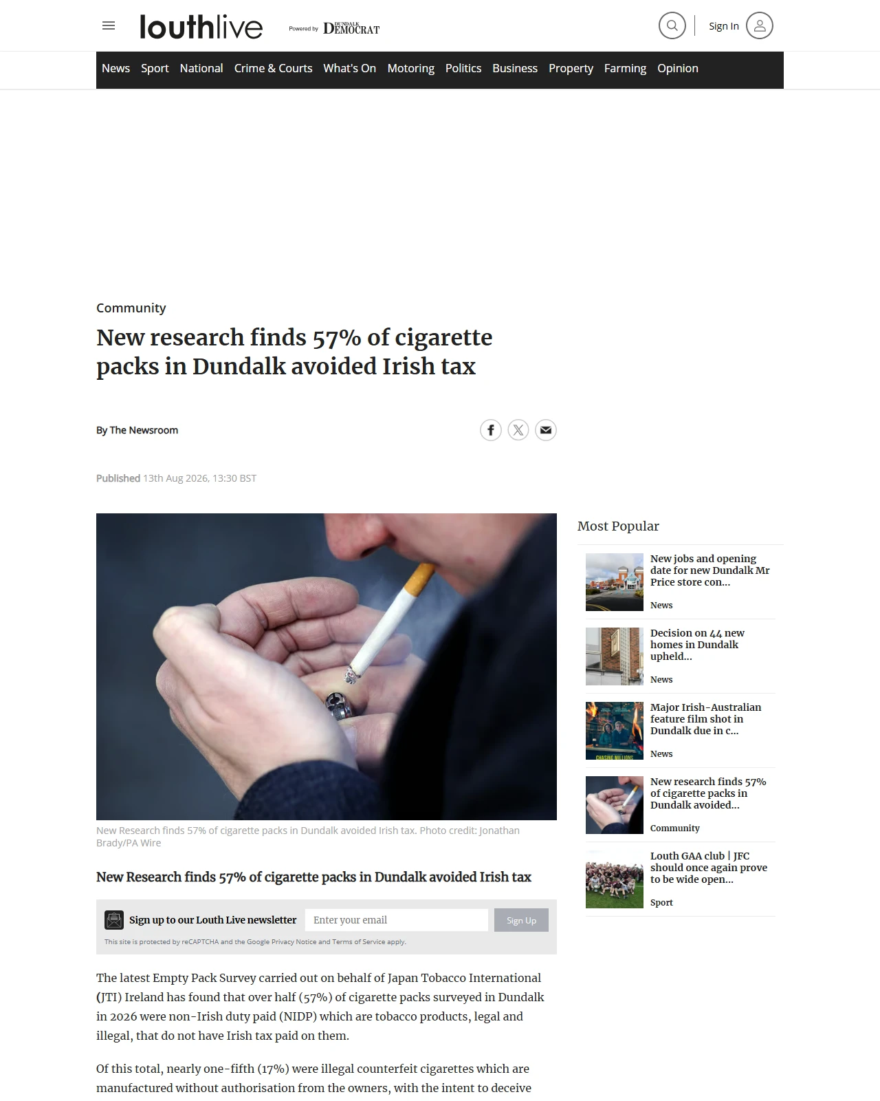dundalkdemocrat.ie as published: New research finds 57% of cigarette packs in Dundalk avoided Irish tax