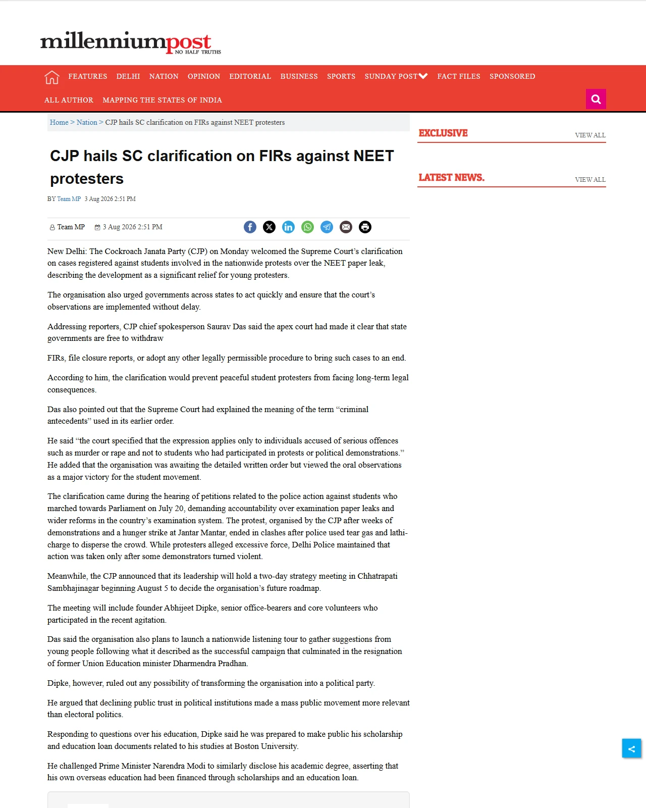 millenniumpost.in as published: CJP hails SC clarification on FIRs against NEET protesters