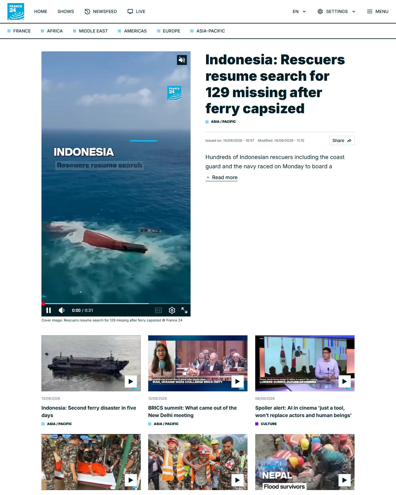 france24.com as published: Indonesia: Rescuers resume search for 129 missing after ferry capsized