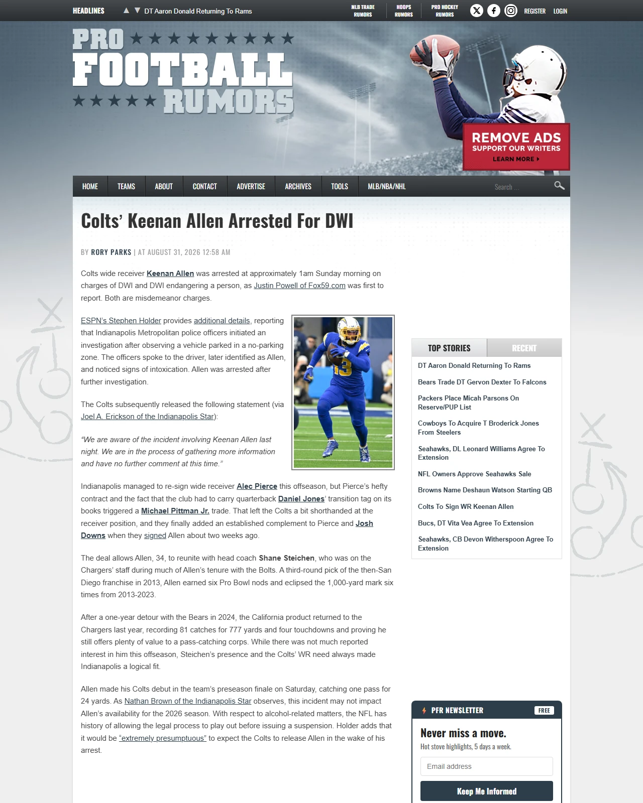 profootballrumors.com as published: Colts’ Keenan Allen Arrested For DWI - NFL Rumors