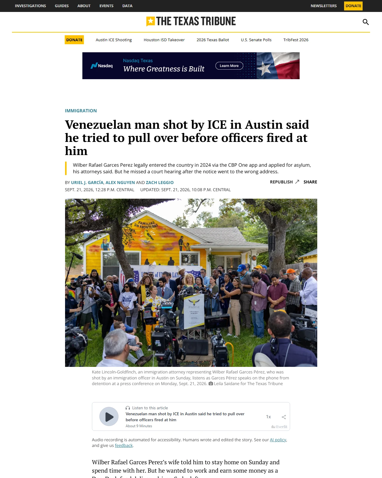 texastribune.org as published: Venezuelan man shot by ICE in Austin said he tried to pull over before officers fired at him