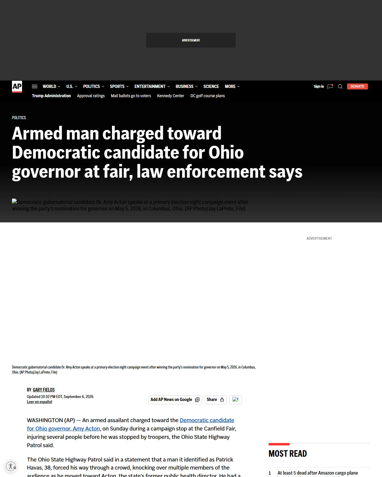 apnews.com as published: Armed man charged toward Democratic candidate for Ohio governor at fair, law enforcement says