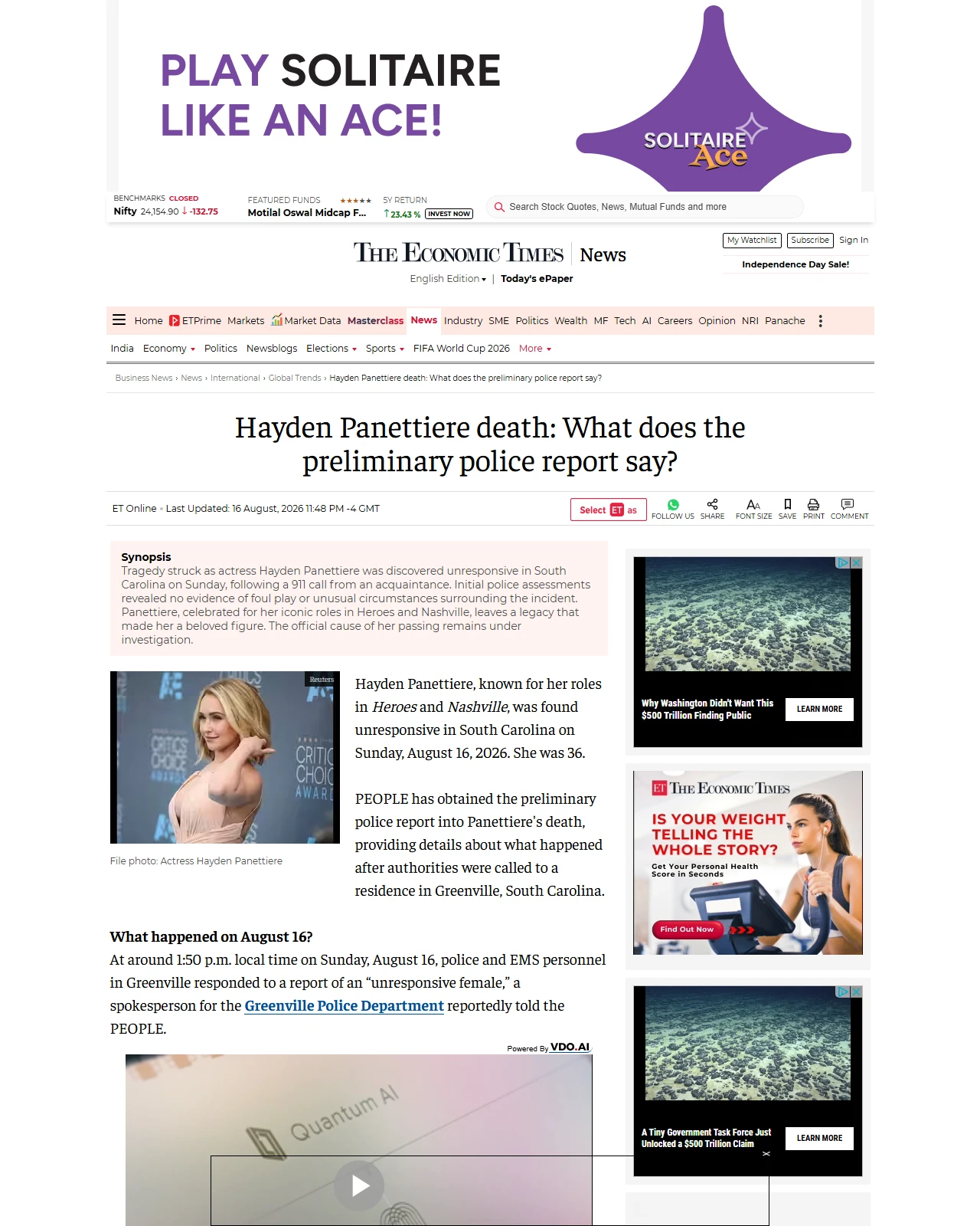 economictimes.com as published: Hayden Panettiere death: What does the preliminary police report say?