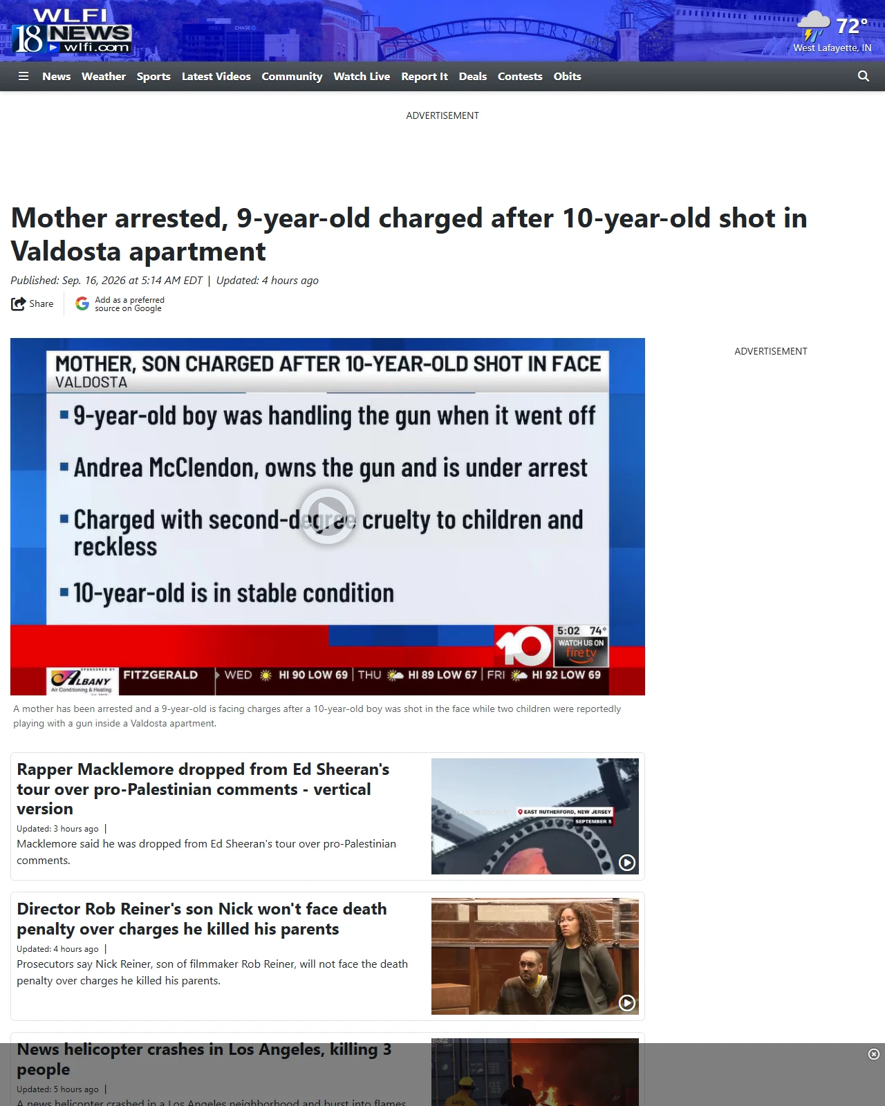 wlfi.com as published: Mother arrested, 9-year-old charged after 10-year-old shot in Valdosta apartment
