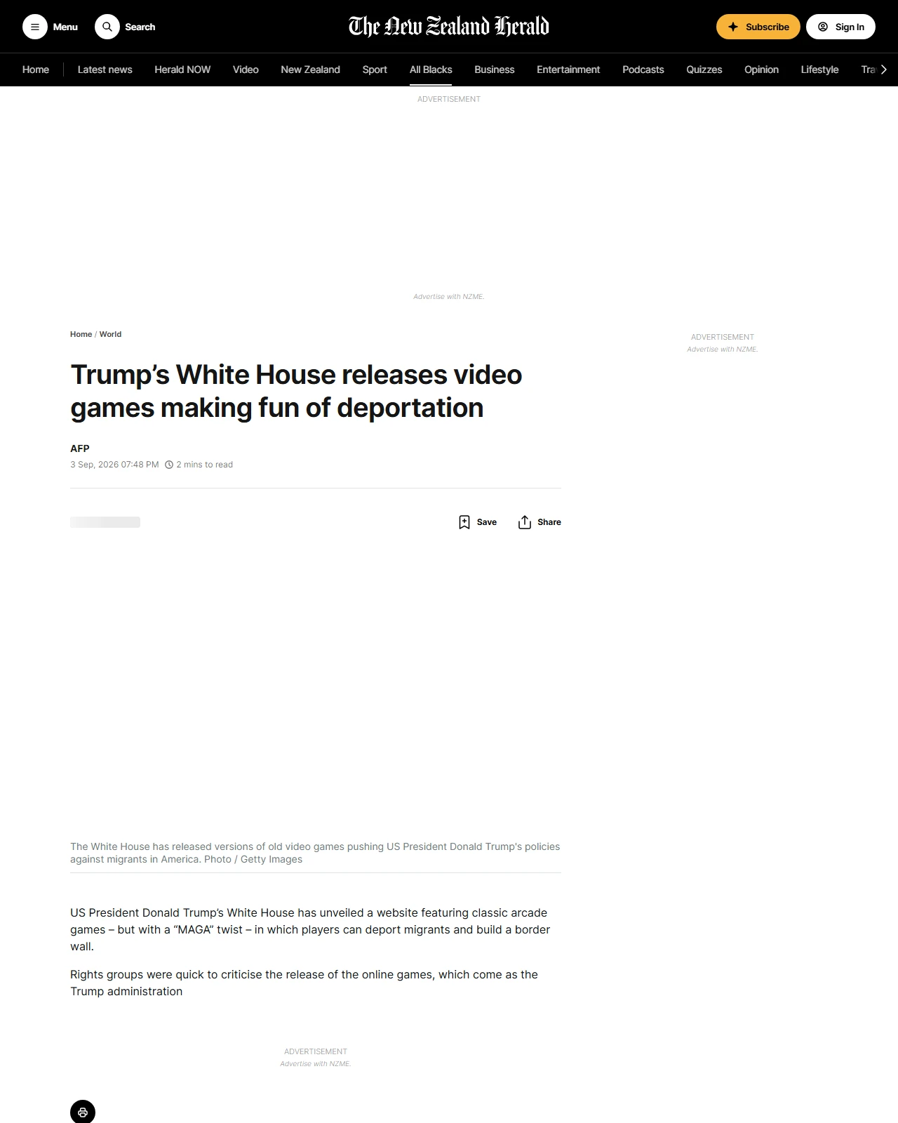 nzherald.co.nz as published: Trump’s White House releases video games online making fun of deportation